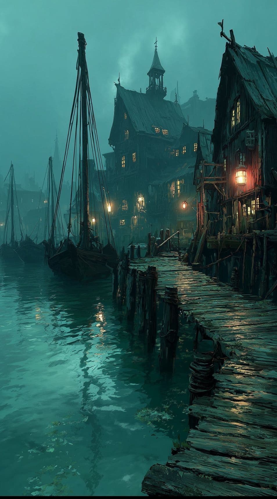 The image depicts a moody, atmospheric waterfront scene at dusk or dawn, featuring a weathered wooden pier extending into misty, teal-hued water. Several ancient sailing vessels with tall masts are moored along the dock, their silhouettes softened by fog. Behind them, a cluster of dark, gothic-style buildings with steep roofs and glowing windows suggests a medieval or fantasy coastal town. Warm lantern light spills from windows and a single glowing lantern on the pier, contrasting with the cool, diffused ambient light. The composition emphasizes depth and mystery, with reflections rippling across the water and a heavy fog obscuring distant structures, creating a sense of quiet isolation and timeless atmosphere.