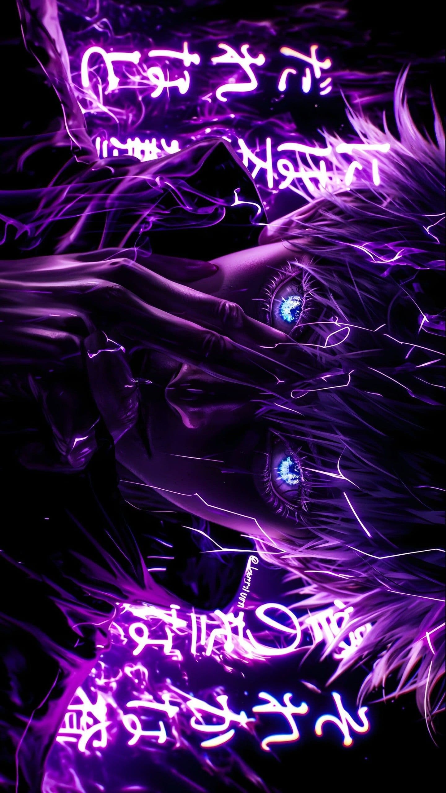 This high-impact digital illustration features Satoru Gojo from Jujutsu Kaisen in a dynamic, close-up portrait. The character is depicted with his signature white, spiky hair and striking 'Six Eyes' which glow with an intense, crystalline blue light. He is shown in a tilted, upside-down orientation, partially obscuring his face with his hand in a stylized gesture. The background and foreground are filled with vibrant purple energy tendrils and glowing Japanese calligraphy that appears to float in a dark, void-like space. The artistic technique utilizes heavy contrast and neon lighting effects to create a powerful, supernatural aesthetic. The overall mood is intense, mysterious, and authoritative, capturing the character's overwhelming power.