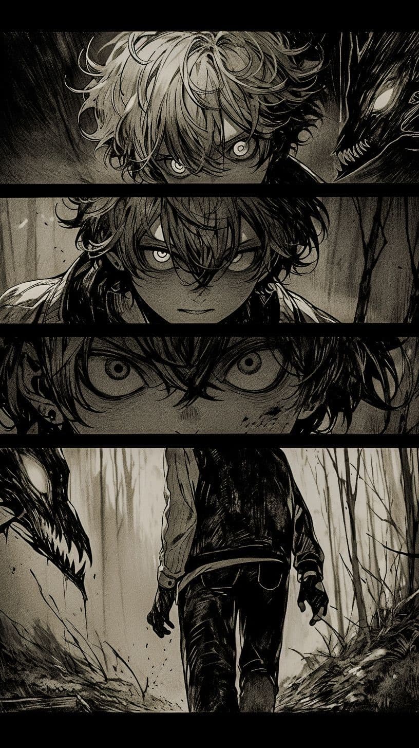 The image is a four-panel vertical composition depicting a young male character with messy, dark hair and intense, wide eyes, conveying escalating fear and determination. In the top panel, his face is shown in close-up with a monstrous, toothy creature looming behind him. The second panel shows a more serious, focused expression as he looks forward. The third panel features an extreme close-up of his wide, terrified eyes. The final panel reveals him walking away from the viewer through a desolate, leafless forest, with the same creature visible in the foreground. The artwork uses dramatic chiaroscuro lighting and detailed linework to create a tense, suspenseful atmosphere. The mood is ominous and psychological, emphasizing the character’s internal struggle against an unseen threat.