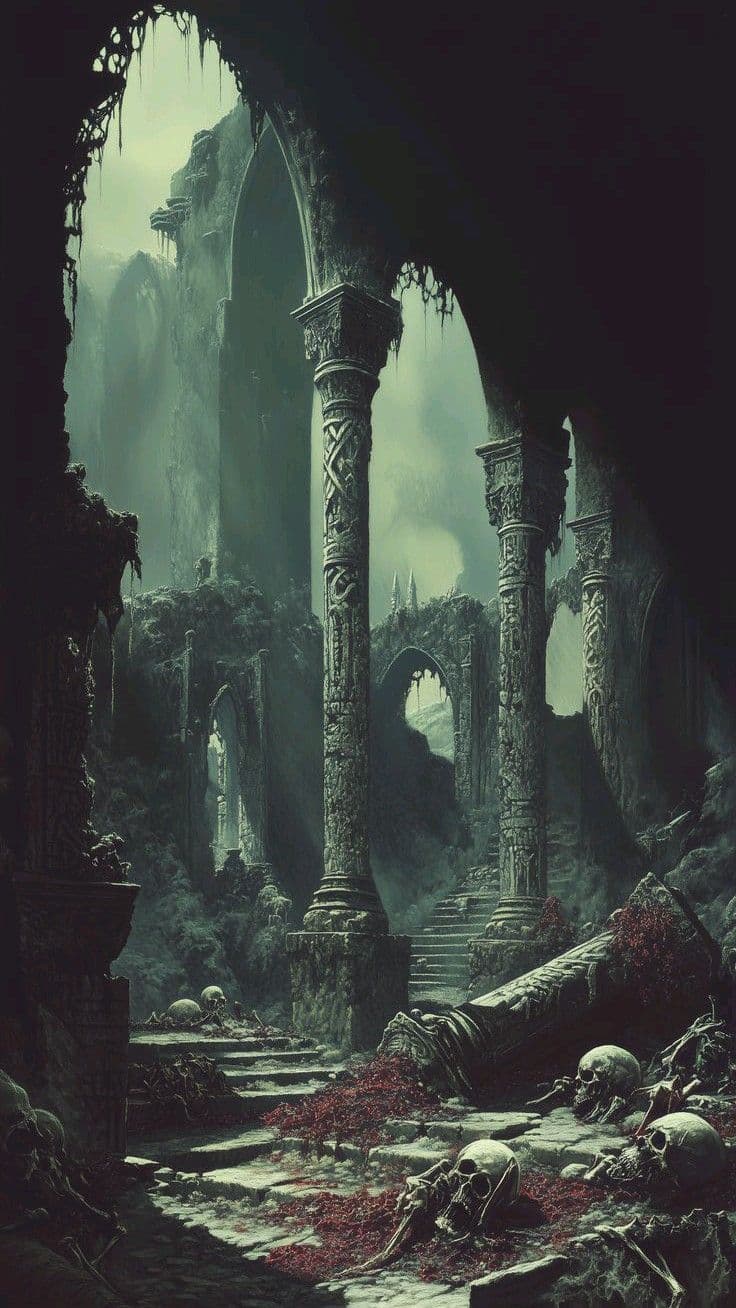 The image depicts a hauntingly atmospheric ruin of ancient, towering stone arches and pillars, draped in moss and ivy, suggesting a long-abandoned cathedral or fortress. A narrow, mossy staircase ascends through the center, flanked by scattered skulls and skeletal remains, with a pool of dark red liquid pooling around them. The scene is enveloped in a misty, greenish-blue haze, with a distant, foggy mountain range visible through the archways, creating a sense of isolation and decay. The art employs dramatic chiaroscuro lighting, with deep shadows contrasting against the ethereal, diffused daylight filtering through the arches. The overall mood is somber, mysterious, and slightly eerie, evoking themes of forgotten power and the passage of time.