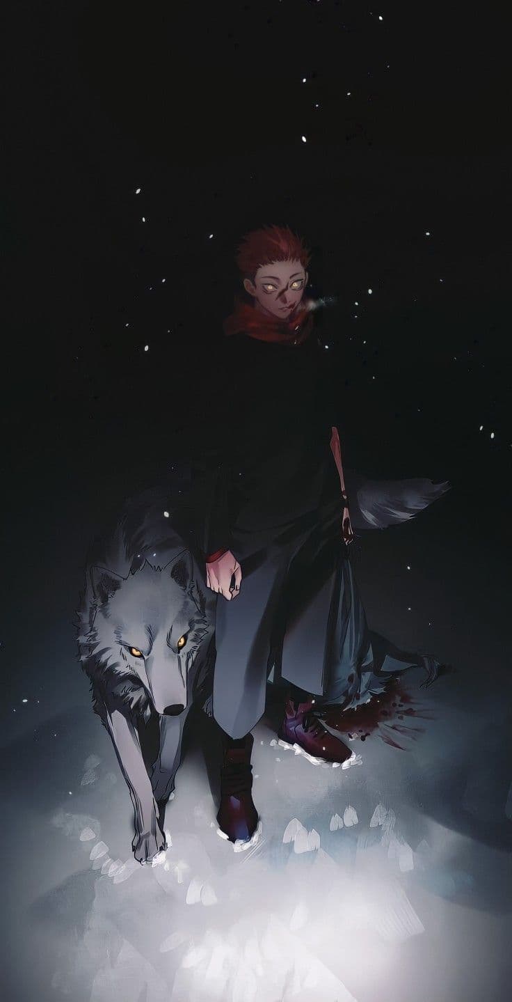 The image features a young male character with spiky pinkish-red hair and glowing amber eyes, dressed in a dark, high-collared uniform and a red scarf. He stands in a stoic, upright pose alongside a large, grey wolf with matching amber eyes, both emerging from a deep shadow. The setting appears to be a snowy environment at night, with subtle white flakes or embers drifting through the air and bloodstains visible on the snow near his feet. The artistic technique utilizes heavy chiaroscuro, with the majority of the character's torso lost to pitch-black shadows, creating a sharp contrast with the illuminated snow and faces. The overall atmosphere is dark, intense, and supernatural, suggesting a moment of grim resolve or the aftermath of a battle.