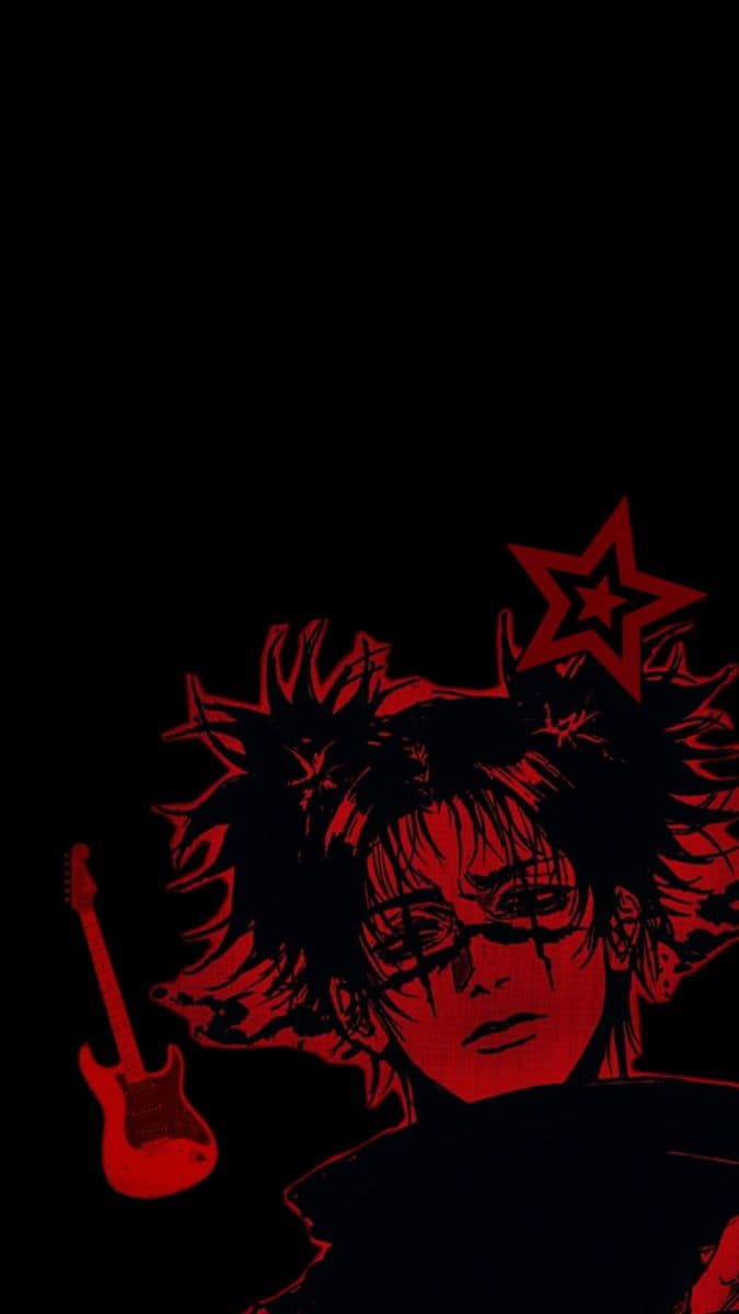 The image features a stylized anime character with spiky, dark hair and glasses, rendered in high-contrast red and black. The character's face is partially obscured by dynamic, star-shaped hair spikes, conveying a rebellious or energetic persona. A red electric guitar floats to the left, suggesting a musical or rock-themed narrative. The composition is minimalist, with the character centered against a solid black background, emphasizing the bold red linework and silhouette. The art employs sharp, sketchy lines and cel-shaded shading, creating a gritty, high-impact visual. The overall mood is intense and edgy, evoking themes of passion, rebellion, or performance, with a strong emotional intensity conveyed through the character's expression and the dramatic lighting.