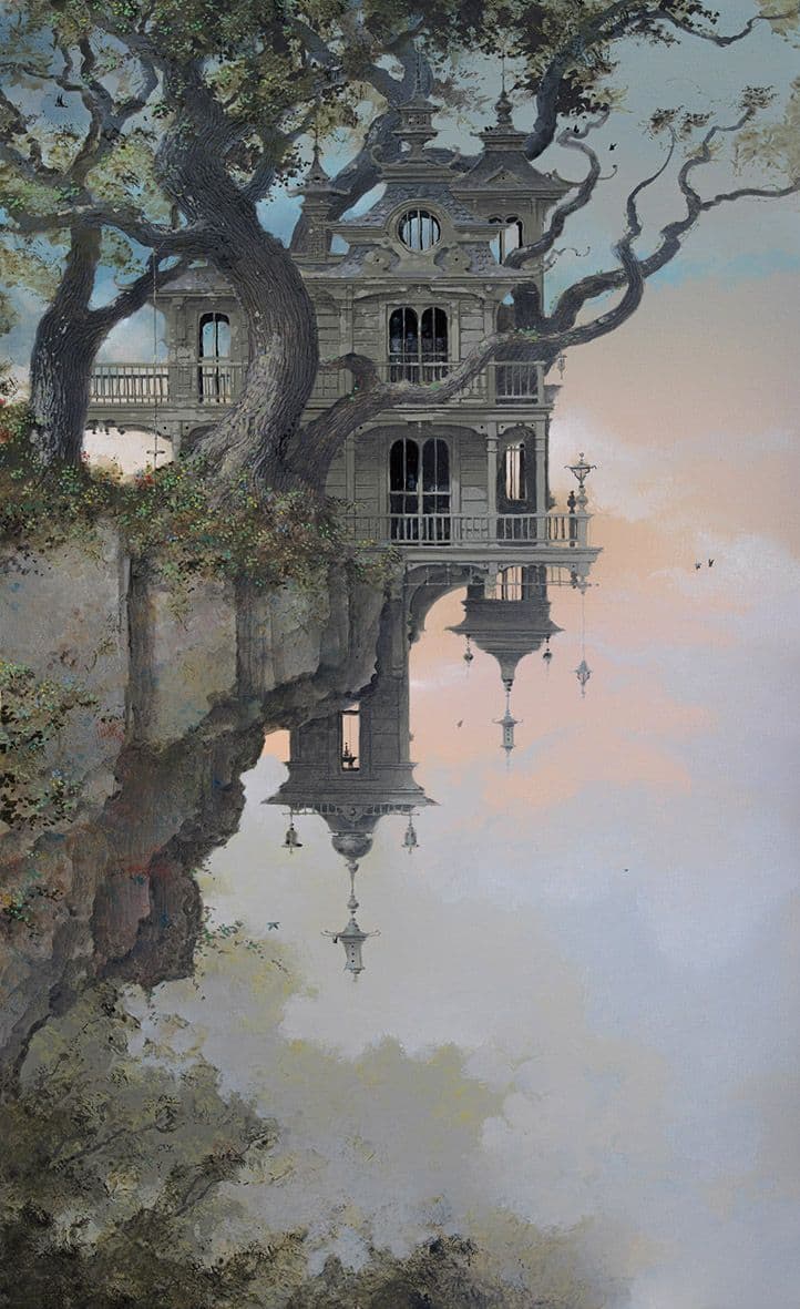 The image depicts a surreal, dreamlike scene featuring an ornate, multi-story European-style mansion seamlessly integrated into the gnarled branches of a colossal, ancient tree. The structure, with its arched windows, balconies, and decorative spires, appears to be perched precariously on a cliffside, with its reflection perfectly mirrored in a calm, misty body of water below. The composition evokes a sense of timeless elegance and mystery, enhanced by the soft, diffused lighting of a twilight sky. The artwork employs a painterly, watercolor-inspired technique with subtle blending and atmospheric perspective, creating a tranquil, almost ethereal mood. The overall aesthetic is one of quiet wonder, blending fantasy architecture with natural elements in a harmonious, balanced composition.