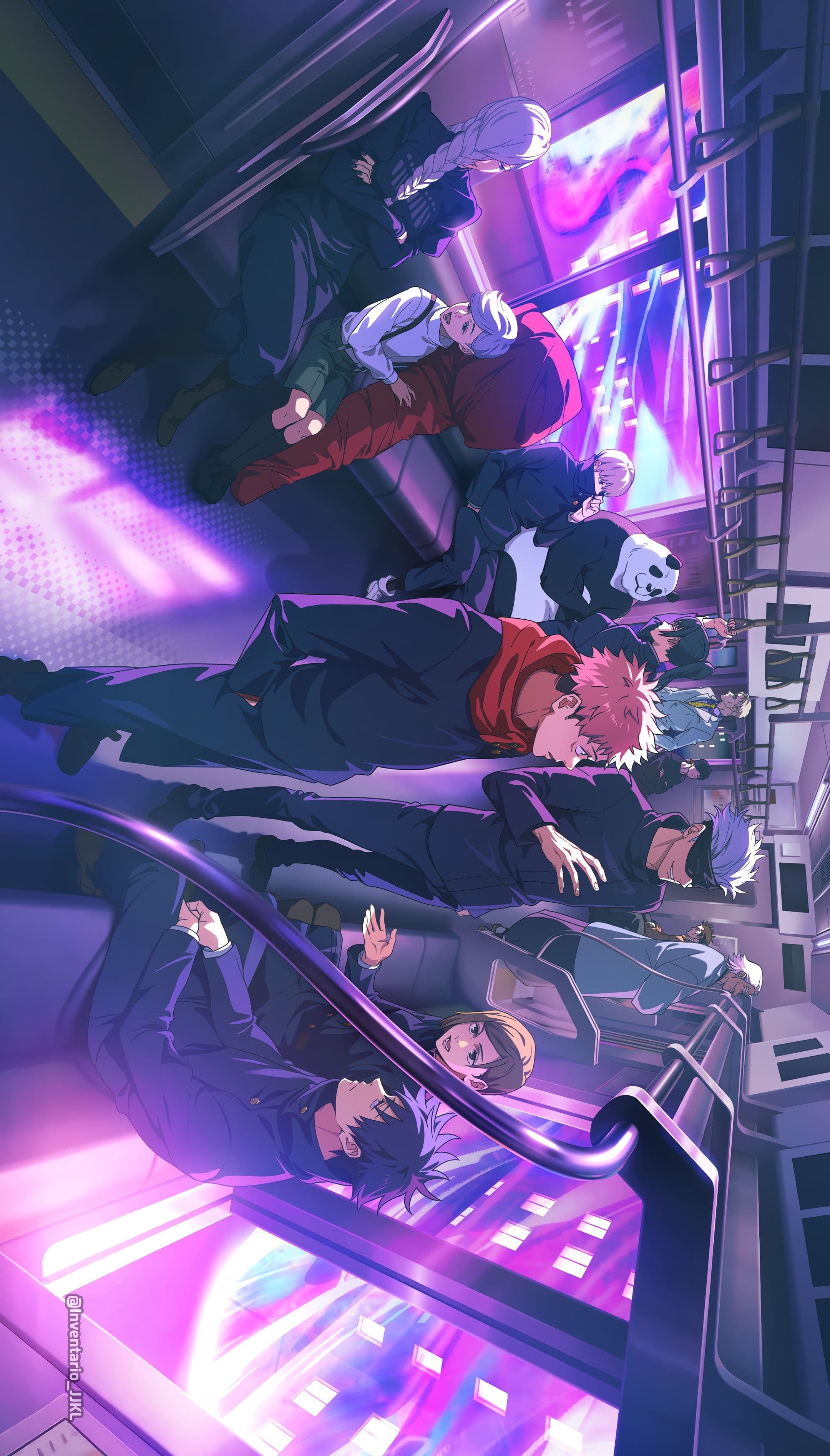 This high-quality digital illustration features an ensemble cast of characters from Jujutsu Kaisen gathered inside a modern subway car. The characters, including Yuji Itadori, Megumi Fushiguro, Nobara Kugisaki, and Satoru Gojo, are depicted in their signature dark sorcerer uniforms, which provide full coverage. The composition uses a dynamic, slightly tilted vertical perspective that captures the length of the train car, with characters either sitting on benches or standing near handrails. Outside the windows, a vibrant cityscape with neon purple and blue lights streaks past, suggesting high-speed motion. The artistic technique employs sharp line work and sophisticated cel-shading, with strong rim lighting that emphasizes the character silhouettes against the glowing background. The overall atmosphere is cool, stylish, and contemplative, capturing a quiet moment of transition for the group.