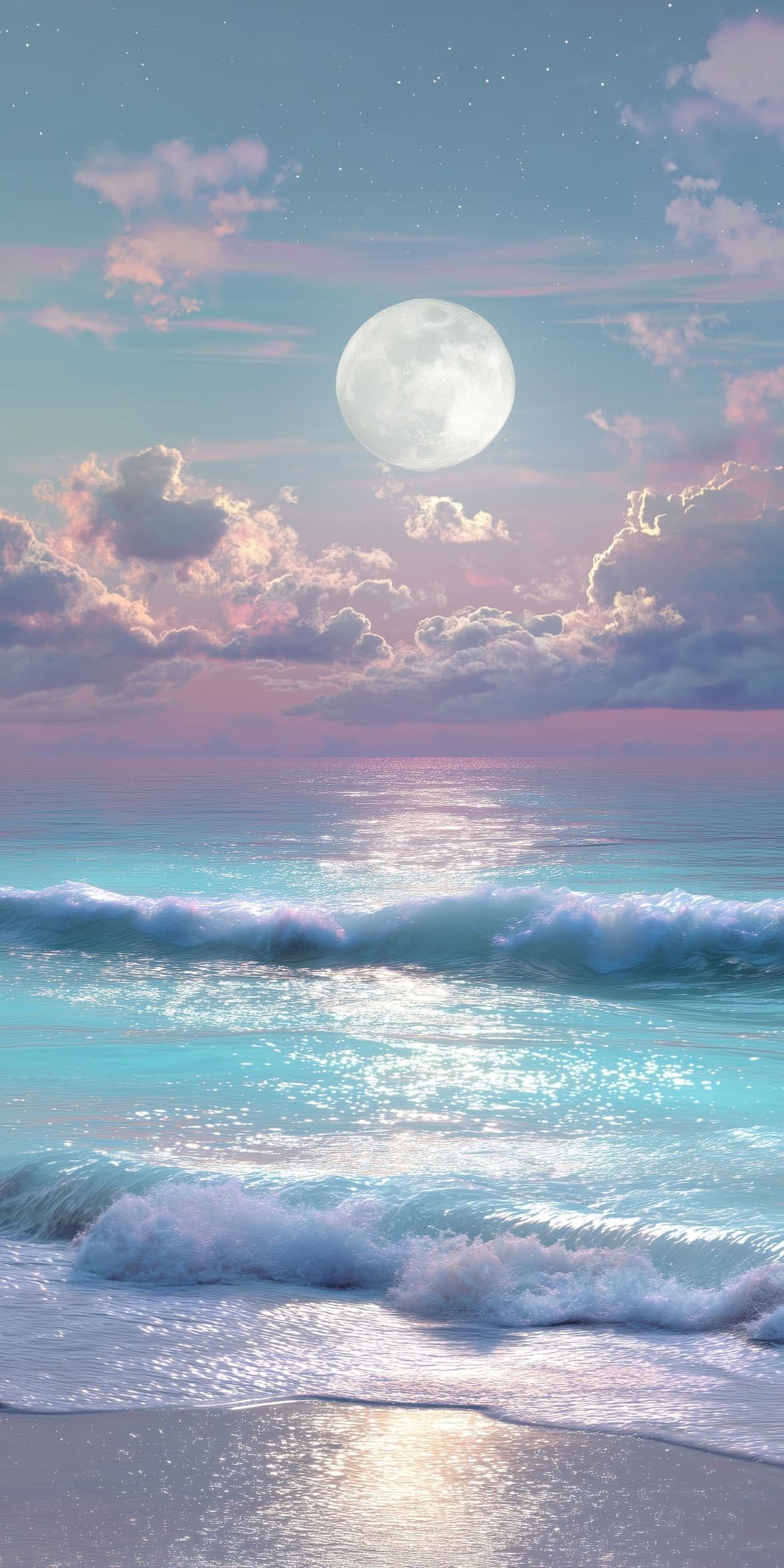 This image captures a serene coastal scene under a luminous full moon, with gentle ocean waves lapping at a sandy shore. The sky transitions from soft pastel pinks and purples near the horizon to a tranquil blue above, dotted with wispy clouds and twinkling stars. The moon's reflection shimmers across the water's surface, creating a dreamlike, ethereal quality. The composition emphasizes calmness and natural beauty, with no human figures or clothing present, allowing the viewer to focus entirely on the tranquil atmosphere. The artwork employs smooth gradients and soft lighting to evoke a peaceful, almost meditative mood, ideal for relaxation or contemplation.