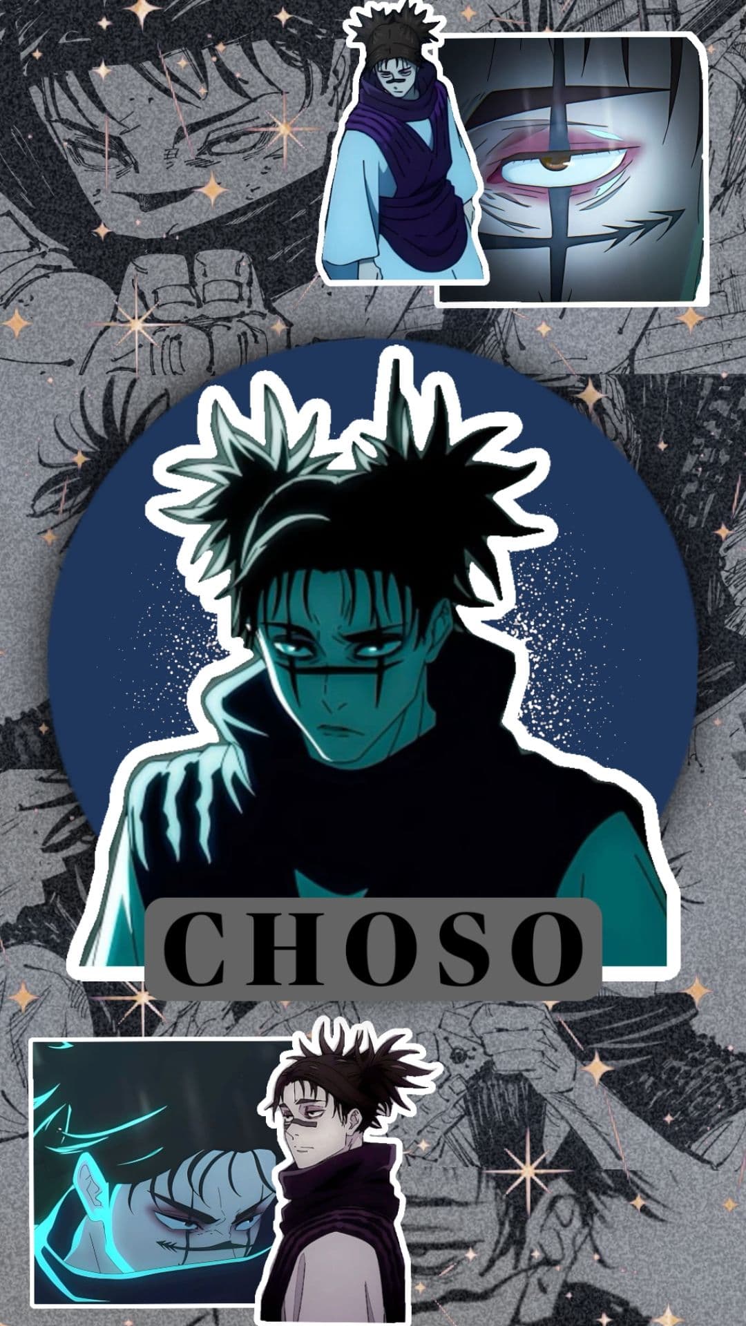 This image is a digital character collage featuring Choso from Jujutsu Kaisen, presented in a wallpaper-style layout. The central figure is a medium shot of the character with his signature spiked hair and horizontal facial marking, set against a dark blue circular backdrop. Surrounding the center are various smaller panels and stickers showing different expressions and close-ups, including a detailed shot of his eye and a full-body miniature. The background consists of monochrome manga panels overlaid with sparkling star effects, creating a layered aesthetic. The color palette is dominated by cool tones like teal, navy blue, and purple, contrasting with the grey manga textures. The overall mood is serious and intense, reflecting the character's stoic and protective nature.