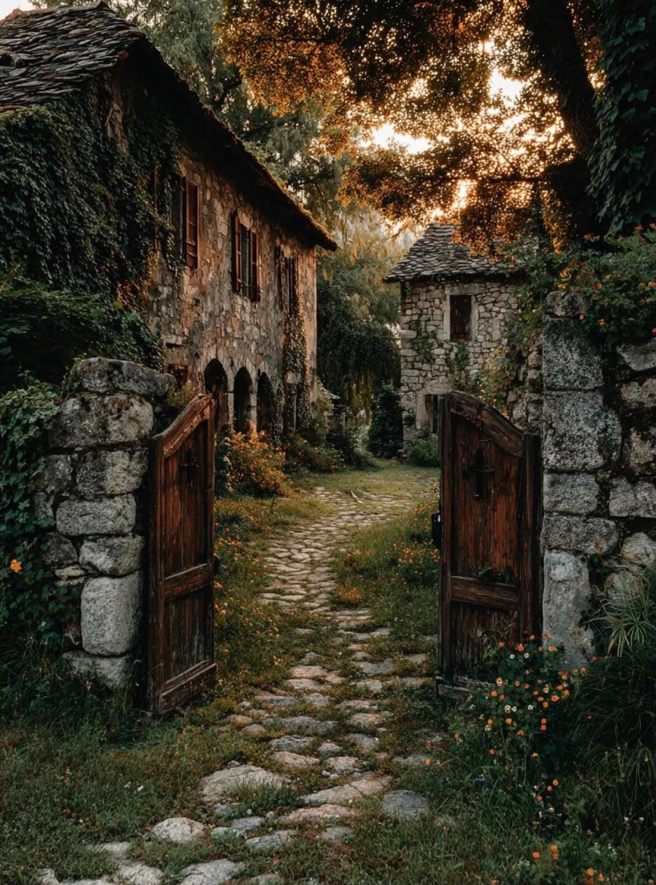 The image captures a tranquil, sun-dappled pathway leading through an ancient stone gate into a rustic village courtyard. The weathered wooden doors, framed by mossy stone walls, invite entry into a serene, overgrown garden with wildflowers and ivy. In the background, traditional stone houses with dark shutters and thatched roofs evoke a timeless, pastoral charm. The scene is bathed in warm, golden-hour light filtering through leafy branches, creating a peaceful, nostalgic atmosphere. The composition emphasizes depth and invitation, with the cobblestone path guiding the viewer’s eye into the quiet, verdant interior. The overall mood is one of calm, mystery, and gentle beauty, enhanced by the natural textures and soft, directional lighting.
