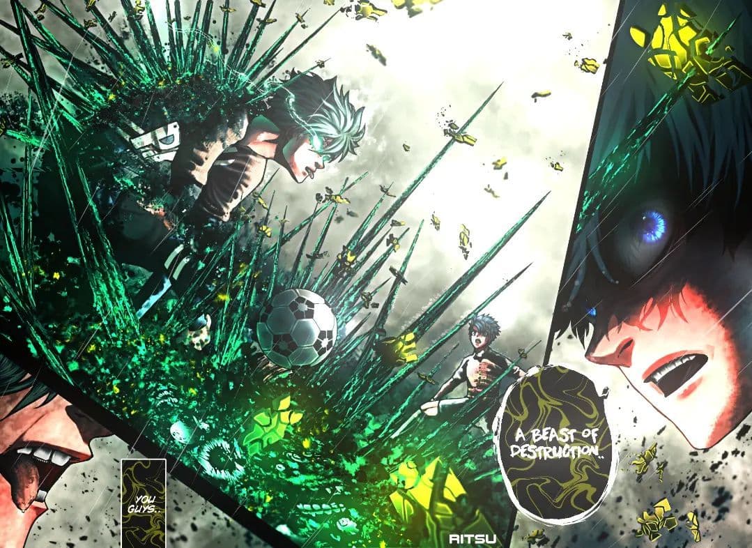 The image depicts a dynamic, high-energy action scene featuring multiple characters in a chaotic, explosive environment. A central figure with spiky green hair and a dark outfit is shown mid-action, surrounded by green crystalline shards and a soccer ball, suggesting a powerful attack. Another character in the foreground is screaming with an open mouth, while a third character in the background appears to be observing the scene. The composition is split into two panels, one showing a wide, destructive burst and the other a close-up of an intense, emotional face. The art style is characterized by bold linework, vibrant cel-shaded colors, and dramatic motion lines, conveying a sense of high-stakes conflict. The overall atmosphere is intense and epic, with a focus on raw power and emotional tension, enhanced by the use of bright green and yellow hues against a stormy sky.
