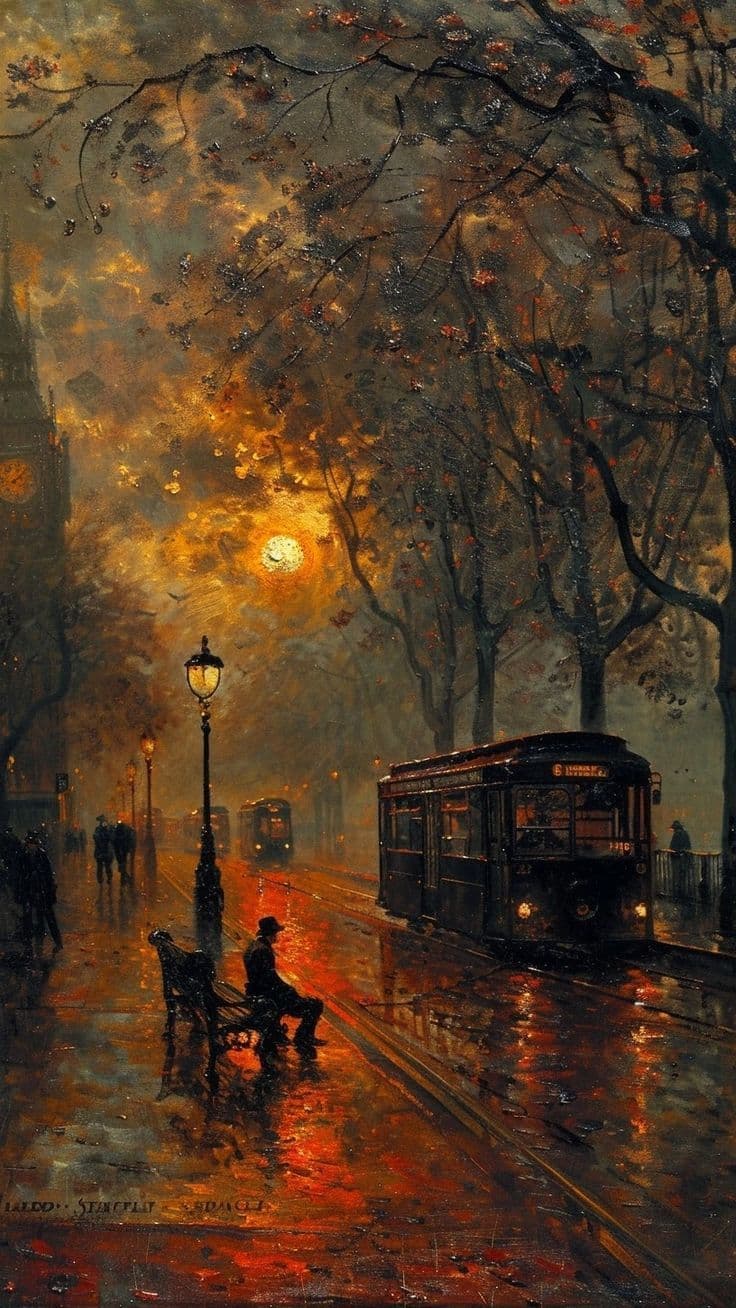 This evocative oil painting depicts a solitary figure seated on a bench under a wet, rain-slicked urban street, with a vintage tram passing by in the background. The scene is bathed in the warm, golden glow of street lamps and a setting sun, reflecting vividly on the wet pavement. Barely visible silhouettes of pedestrians and distant architecture, including a clock tower, suggest a bustling city at twilight. The composition uses atmospheric perspective and rich, textured brushwork to convey a moody, contemplative atmosphere, emphasizing the quiet solitude of the figure against the urban backdrop. The overall tone is melancholic yet serene, capturing the quiet beauty of an autumnal evening in a European city.