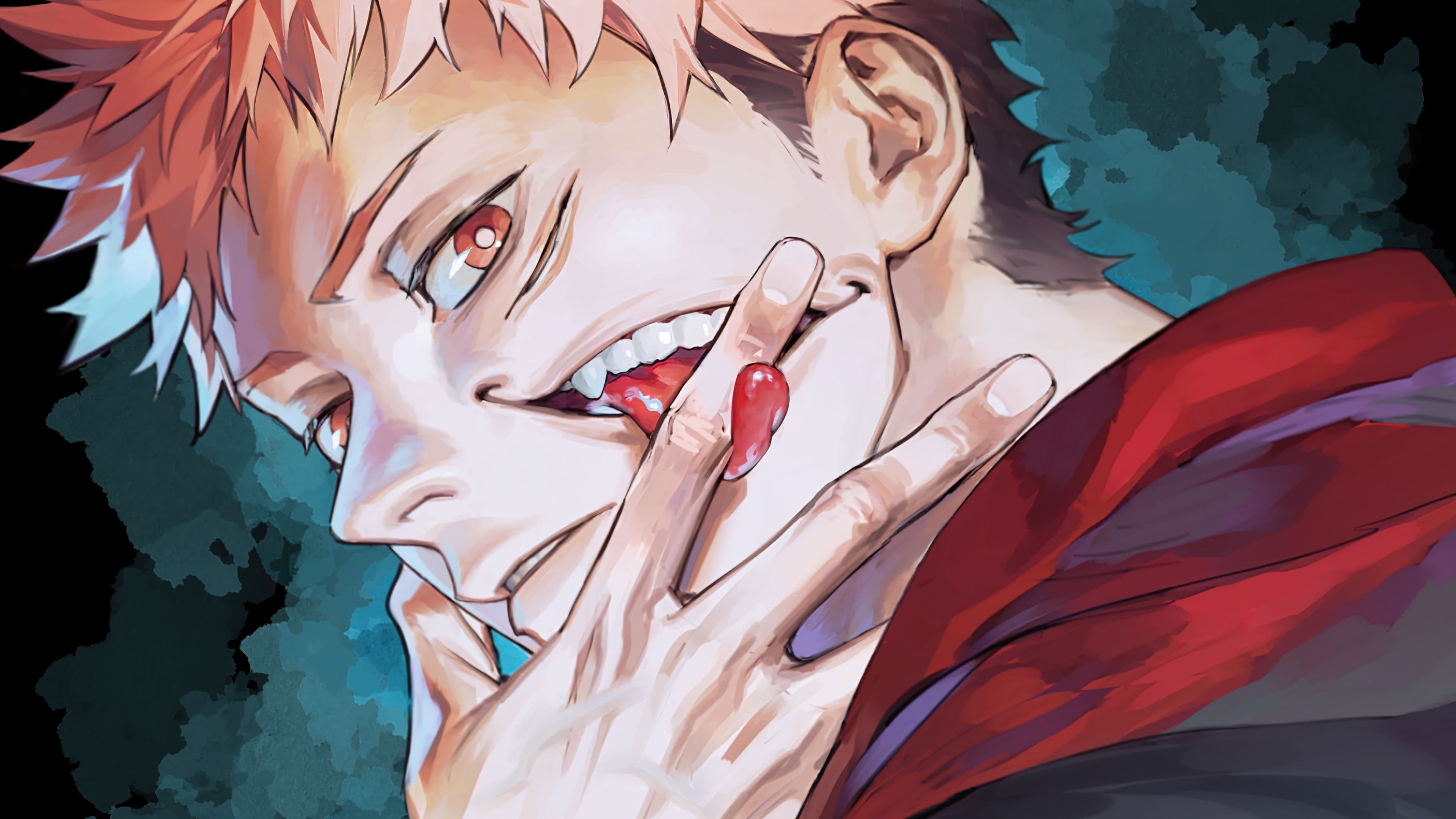 The image features a close-up portrait of Ryomen Sukuna from Jujutsu Kaisen, characterized by his spiky pinkish-brown hair and distinct facial markings. He is depicted with a wide, menacing grin that reveals sharp teeth and an extra mouth manifesting on his cheek, which is biting down on a finger. The character wears his signature high-collared dark kimono with a thick red scarf or hood draped around his neck. The artistic style utilizes a painterly digital technique with visible brushstrokes and a textured, watercolor-like background in deep teal and black. The lighting is dramatic, highlighting the contours of his face and hands while casting deep shadows that enhance his villainous persona. The overall atmosphere is intense, dark, and supernatural, capturing the character's chaotic and powerful nature.