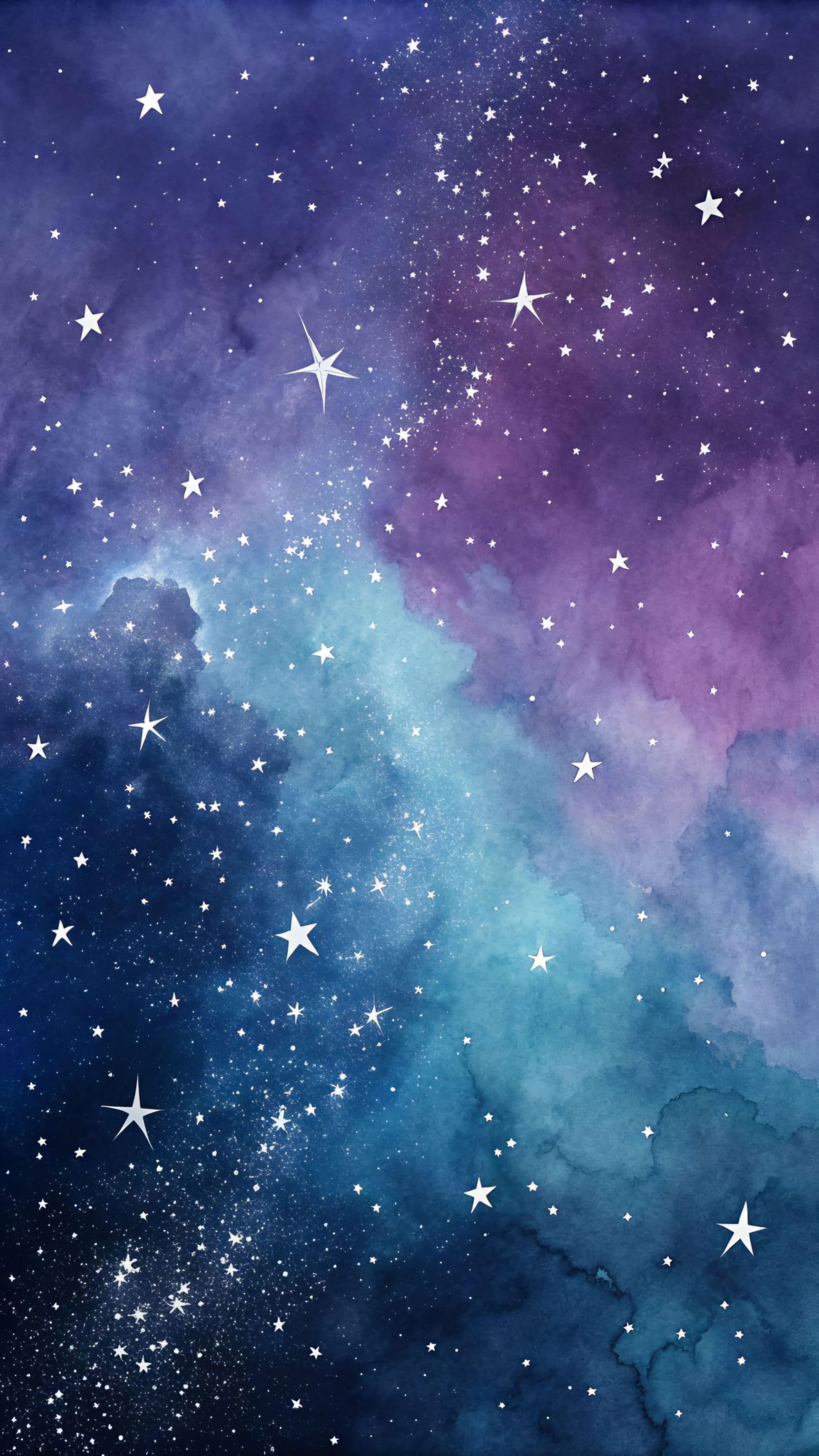 This image depicts a serene, expansive cosmic scene rendered in a watercolor style, featuring a gradient of deep blues and purples that transition into lighter, ethereal hues. Countless white stars of varying sizes and brightness are scattered across the canvas, some appearing as sharp, radiant points while others are softly blurred, suggesting depth and distance. The watercolor technique creates a dreamy, atmospheric effect with visible brushstrokes and subtle blending, giving the nebulous clouds a soft, flowing texture. The overall composition evokes a sense of wonder and tranquility, as if gazing into a silent, infinite universe. The absence of any human or character elements ensures complete neutrality and focus on the celestial beauty, making it universally appropriate for all audiences.