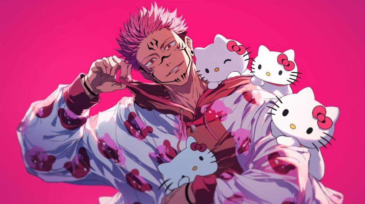 The image features a male character with spiky pink hair and distinctive black facial markings, wearing a white and pink patterned hoodie. He is depicted in a relaxed, slightly playful pose, tugging at the collar of his hoodie with one hand while several small Hello Kitty plush toys are perched on his shoulders and arms. The background is a solid, vibrant magenta pink that complements the character's hair and the accents on his clothing. The art style utilizes sharp line work and professional cel-shading, creating a clean and modern digital aesthetic. The overall mood is whimsical and ironic, contrasting a traditionally 'tough' or 'villainous' character design with cute, soft pop-culture mascots. The lighting is bright and direct, emphasizing the saturated color palette and the character's confident expression.