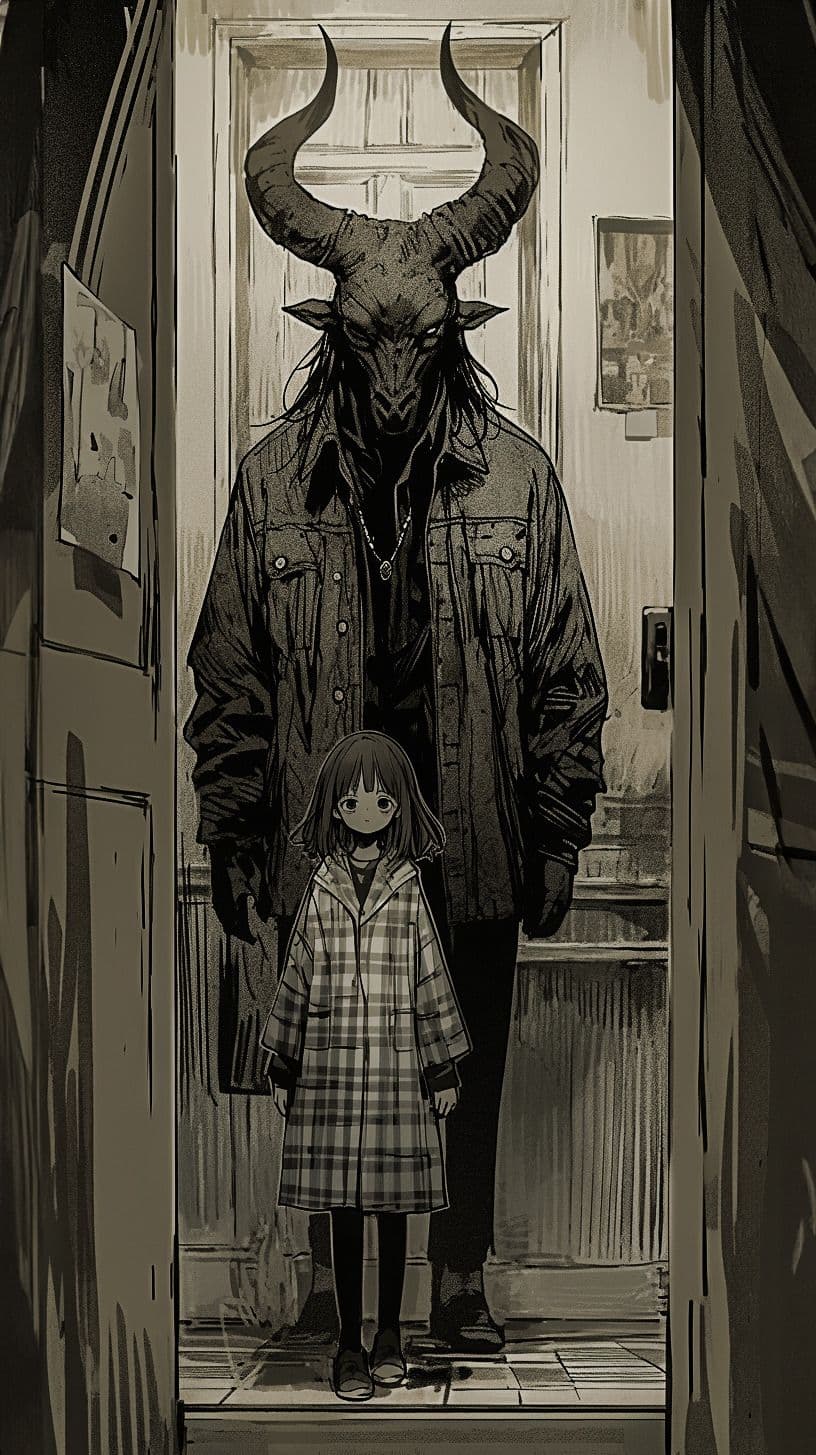 The image portrays a towering, horned demonic figure standing in a doorway, wearing a rugged denim jacket and dark pants, with a chain necklace visible. Beside him stands a small child in a plaid coat, dark tights, and shoes, looking up at the figure with a neutral expression. The setting is a dimly lit, narrow hallway with tiled flooring and framed pictures on the walls, suggesting a domestic interior. The artwork employs a monochromatic, ink-wash style with expressive linework and atmospheric shading, creating a stark contrast between the imposing figure and the innocent child. The mood is eerie yet contemplative, evoking a sense of quiet tension and mystery within a confined space.
