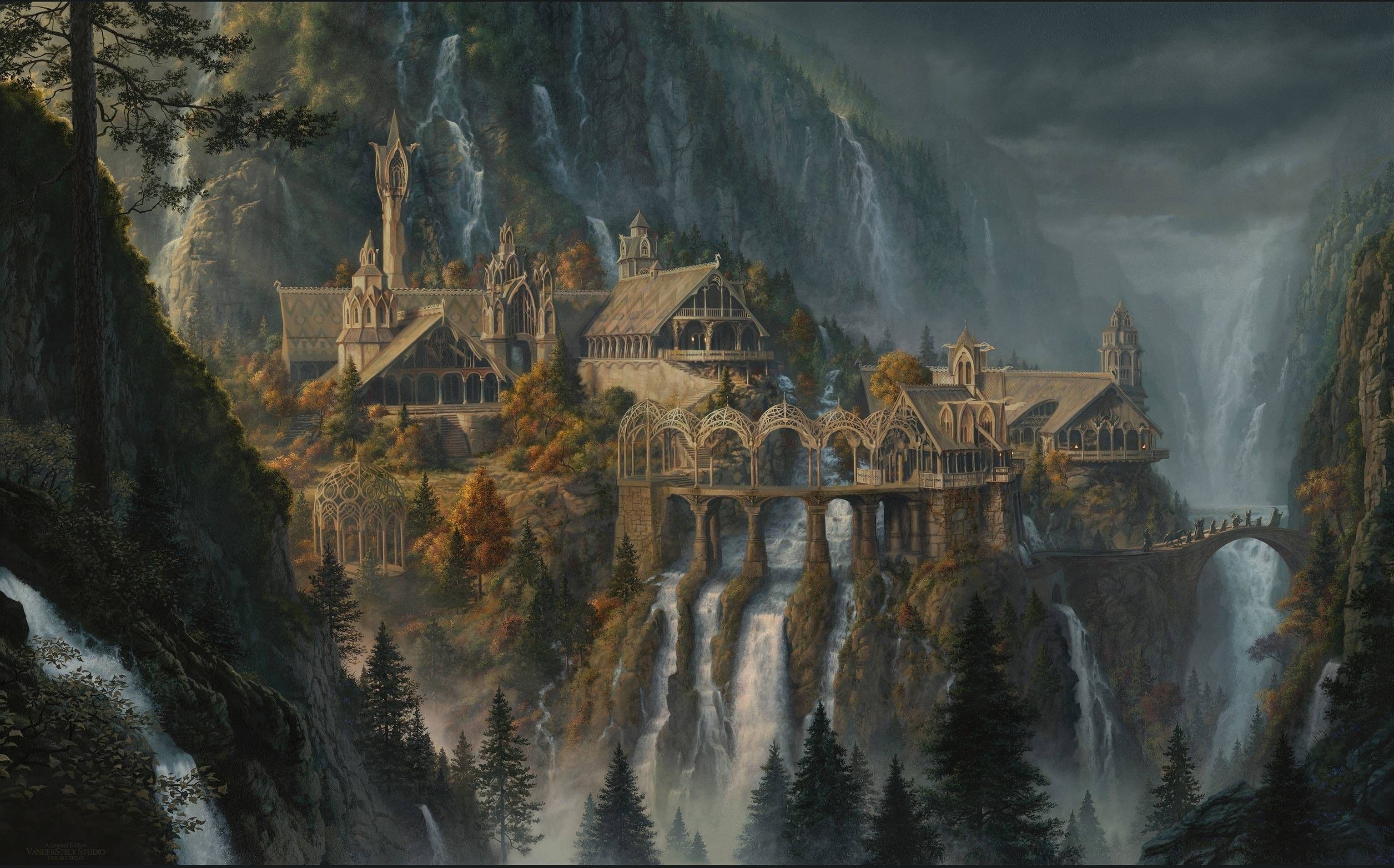 This image depicts a grand, medieval-style fortress complex perched dramatically on a cliffside, surrounded by towering waterfalls and dense forest. The architecture features stone arches, spires, and bridges, with a central arched walkway connecting multiple buildings. The scene is rendered in a realistic, painterly style with rich textures and atmospheric depth, suggesting a fantasy or historical setting. The lighting is natural daylight, casting soft shadows and highlighting the intricate details of the structures and surrounding foliage. The overall mood is serene and majestic, evoking a sense of timeless grandeur and natural beauty, with the misty atmosphere adding to the ethereal quality of the landscape.