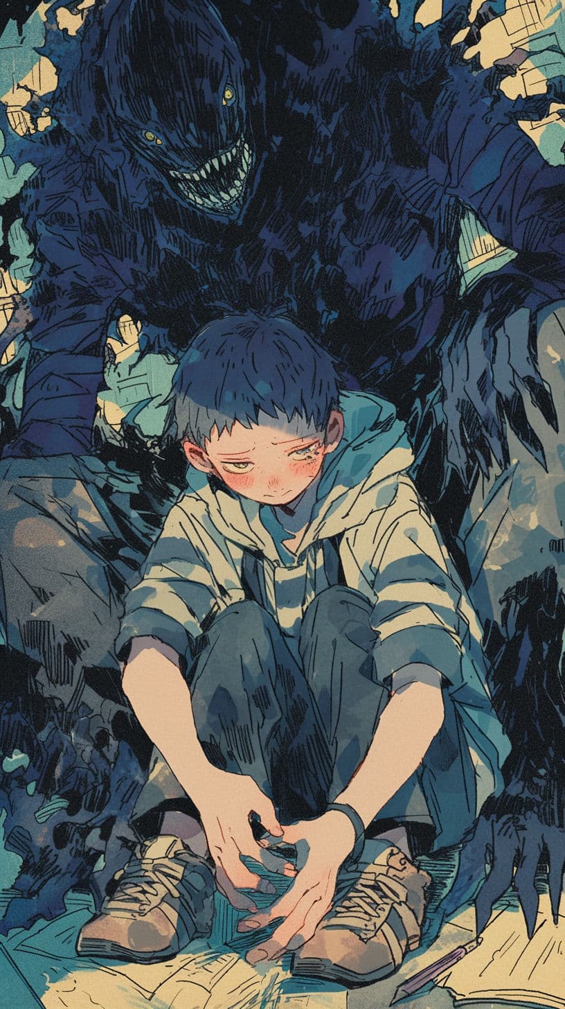 The image portrays a young boy with short dark hair, seated on the ground in a hunched, vulnerable posture, wearing a striped hoodie and dark pants with sneakers. His expression conveys fear or sadness as he looks down at his hands, which are near his shoes. Behind him looms a massive, shadowy, monstrous figure with glowing yellow eyes and sharp teeth, creating a stark contrast between the boy's smallness and the creature's overwhelming presence. The scene is rendered with expressive, textured brushwork and a moody, cool-toned color palette, emphasizing the tension and emotional weight. The composition places the boy as the focal point, with the monster looming in the background, suggesting a moment of peril or isolation. The overall atmosphere is somber and suspenseful, evoking a sense of vulnerability against an ominous force.