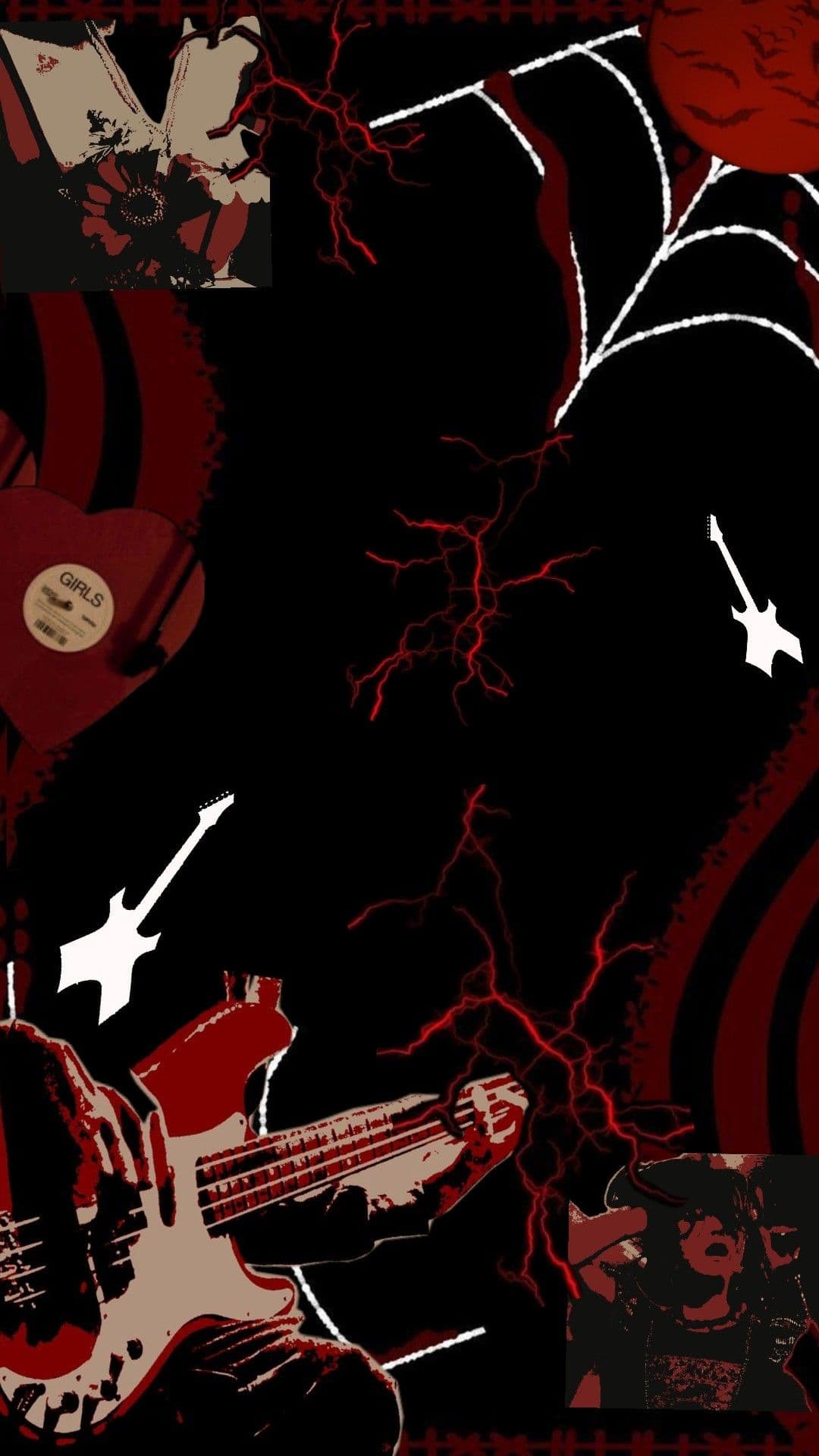 The image is a stylized, high-contrast collage featuring a central figure playing a bass guitar, rendered in bold red and black tones with white outlines. The character is depicted in a dynamic, seated posture, with their hands positioned on the instrument, suggesting active performance. Surrounding the figure are abstract elements including lightning bolts, heart shapes, and stylized guitars, all set against a dark, textured background with swirling red patterns. The composition combines graphic design elements with anime-inspired character silhouettes, creating a visually energetic and rebellious aesthetic. The overall mood is intense and edgy, evoking themes of rock music and youthful rebellion, while maintaining a clean, non-sexualized visual presentation.