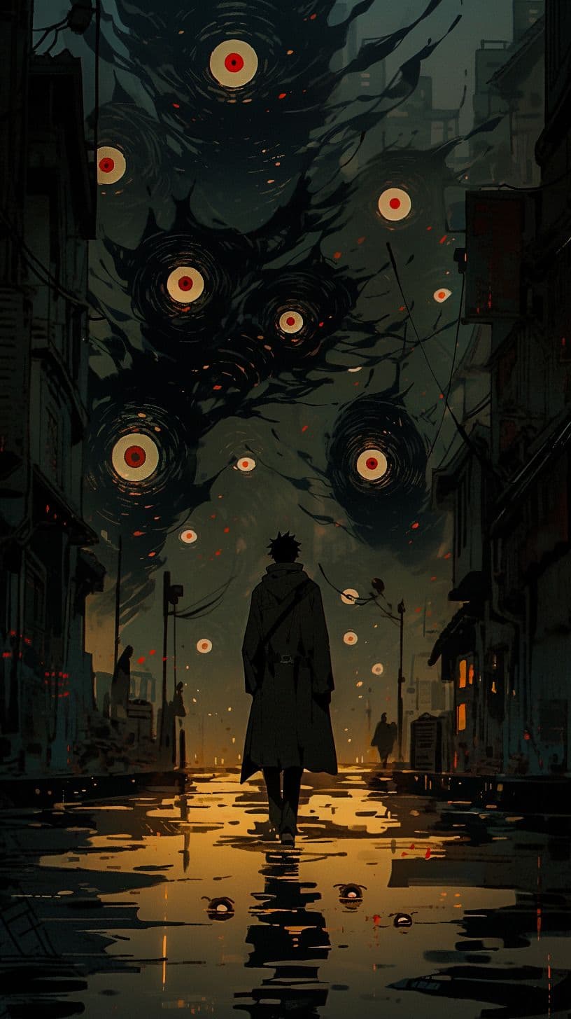 A lone figure in a long, dark coat stands center-frame on a wet, reflective urban street at dusk, facing a surreal, ominous sky filled with swirling black tendrils and glowing red-and-white circular eyes. The cityscape features dimly lit buildings and streetlamps, their warm light reflecting on the rain-slicked pavement. The atmosphere is moody and cinematic, evoking a sense of isolation and impending mystery. The artwork employs dramatic chiaroscuro lighting and painterly textures, blending realism with surreal elements. The composition uses a symmetrical, medium shot to emphasize the character’s solitude against the vast, menacing backdrop, creating a powerful emotional tone of quiet tension and awe.