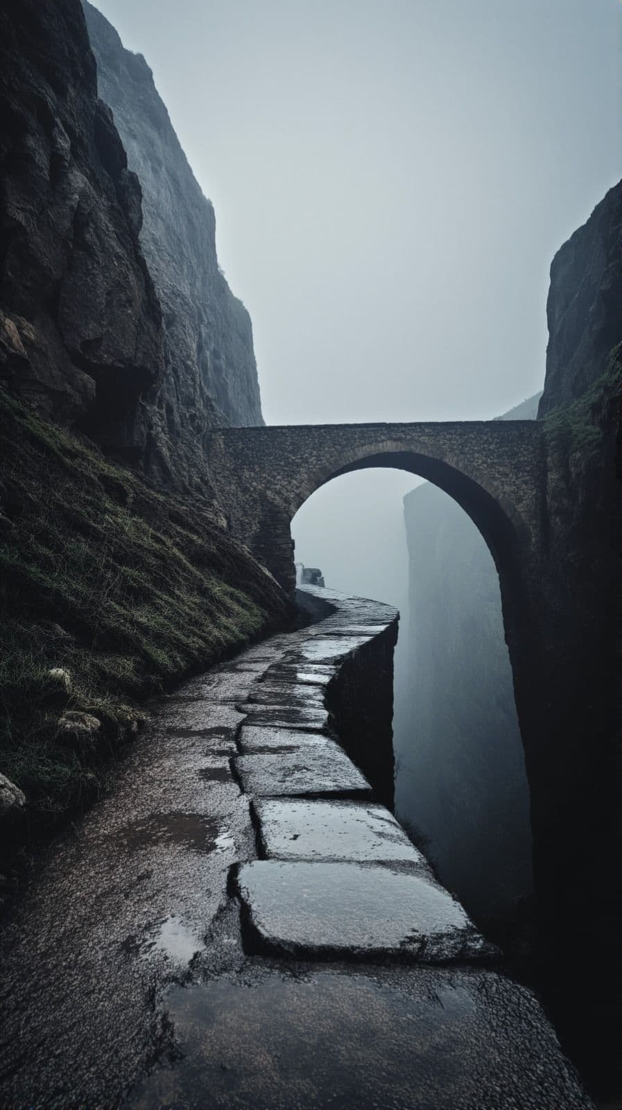 This image captures a solitary, weathered stone arch bridge spanning a narrow, mist-shrouded gorge, with a wet, moss-covered stone path leading through it. The archway frames a mysterious, foggy depth beyond, creating a sense of journey and isolation. The surrounding cliffs are rugged and textured, with patches of green moss clinging to the rock faces, while the overcast sky casts a soft, diffused light across the scene. The composition emphasizes depth and perspective, with the path inviting the viewer into the unknown. The overall atmosphere is serene, contemplative, and slightly melancholic, enhanced by the cool color palette and atmospheric fog.