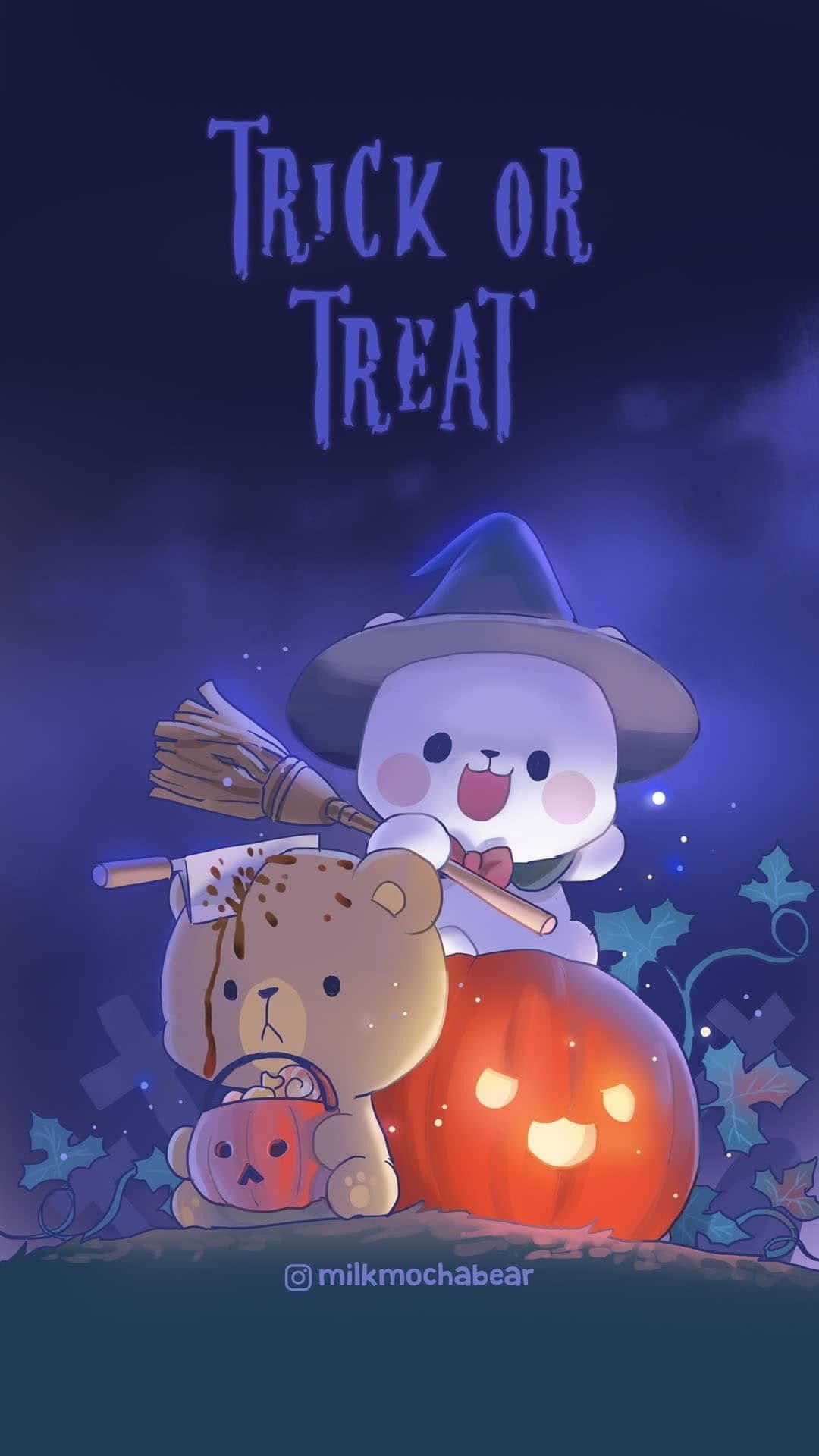 The image features two adorable, stylized cartoon characters in a Halloween-themed setting. A small white rabbit-like creature wearing a witch's hat and holding a broomstick stands cheerfully beside a larger, brown bear character holding a small pumpkin bucket. Both characters are fully clothed and exhibit no visible skin exposure. The scene is set at night under a dark blue sky with glowing jack-o'-lanterns and decorative autumn leaves, creating a festive, whimsical atmosphere. The art employs soft, glowing lighting and cel-shaded rendering with smooth gradients and rounded forms, emphasizing cuteness and warmth. The overall mood is joyful and inviting, suitable for all ages, with a focus on holiday cheer and playful character design.