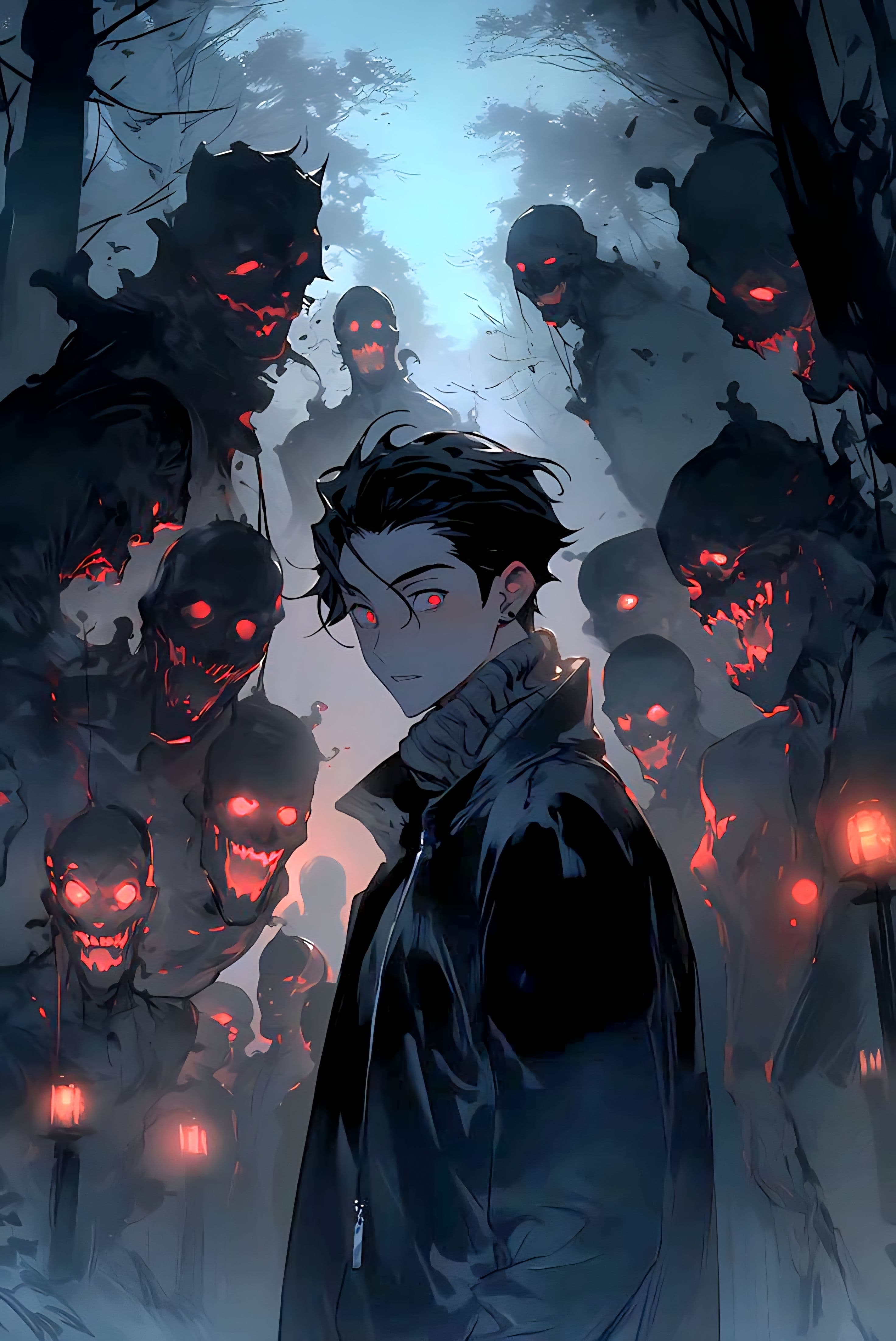 The central figure is a young male character with dark, tousled hair and glowing red eyes, wearing a dark, high-collared coat that fully covers his body. He stands confidently in a forest clearing, facing slightly away from the viewer, with a calm, determined expression. Surrounding him are numerous shadowy, monstrous figures with glowing red eyes and jagged, menacing faces, creating a sense of impending danger. The scene is set in a misty, moonlit forest with tall, skeletal trees and faintly glowing lanterns on stakes, enhancing the eerie, suspenseful atmosphere. The artwork employs dramatic chiaroscuro lighting and cel-shaded rendering to emphasize contrast and depth, with sharp linework and smooth shading that gives the image a polished, professional finish. The overall mood is tense and mysterious, evoking a sense of solitude and confrontation against overwhelming darkness.