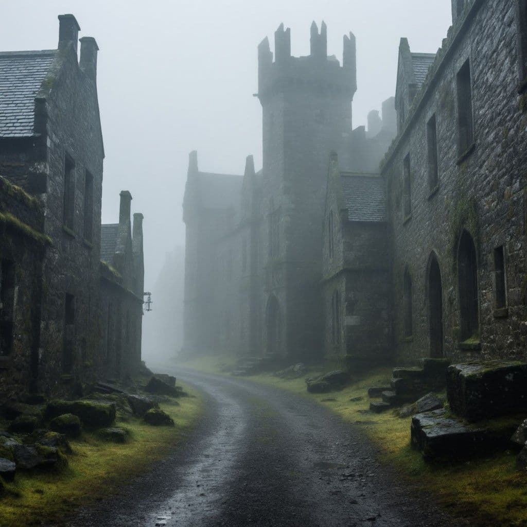 The image depicts a desolate, fog-shrouded medieval village with weathered stone buildings and a central cobblestone path leading toward a towering, gothic-style castle. The architecture features arched doorways, moss-covered walls, and crenellated towers, suggesting abandonment or age. The atmosphere is somber and mysterious, enhanced by the thick mist that obscures the horizon and softens the edges of the structures. The lighting is diffused, with a cool, muted palette dominated by grays and greens, creating a melancholic, atmospheric tone. The composition is symmetrical, with the path guiding the viewer’s eye into the foggy depth, emphasizing isolation and timelessness.