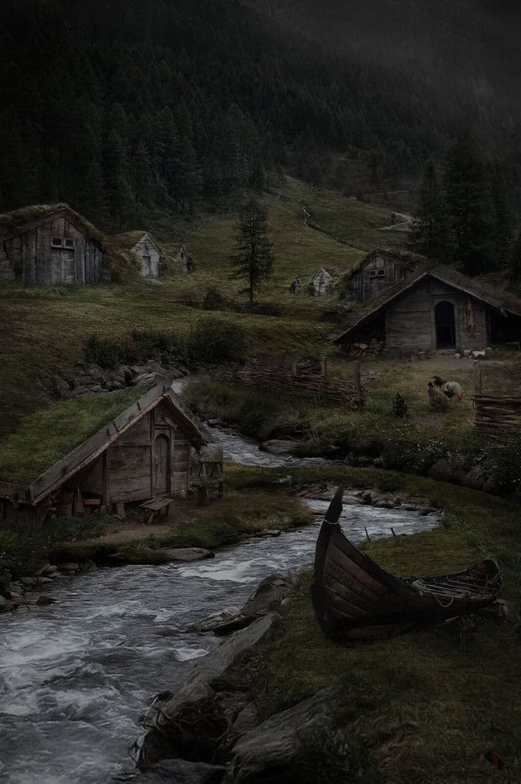 The image depicts a serene, atmospheric rural landscape featuring rustic wooden cabins with mossy thatched roofs nestled along a flowing riverbank. A weathered Viking-style longboat rests on the grassy shore, suggesting a historical or fantasy setting. In the background, a misty forested hillside rises gently, with a few small figures and animals visible near the cabins, adding life to the tranquil scene. The artwork employs a painterly, cinematic style with soft gradients and muted tones, evoking a sense of quiet solitude and timeless peace. The overall mood is contemplative and melancholic, enhanced by the dim, diffused lighting and the gentle motion of the river, creating a deeply immersive and emotionally resonant atmosphere.