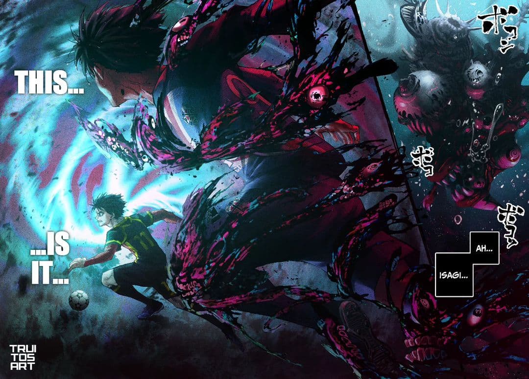 The image depicts a dynamic action scene featuring a young male character in a dark green and yellow soccer jersey, actively kicking a ball with intense focus. Behind him, a massive, grotesque, red and black monster with multiple limbs and glowing eyes erupts from the ground, suggesting a supernatural or fantasy battle. The composition is chaotic, with splashes of energy and motion lines conveying explosive movement. The background is a turbulent, swirling vortex of blue and purple hues, enhancing the sense of power and conflict. The scene is framed with dramatic lighting and stylized shading, emphasizing the contrast between the human protagonist and the monstrous antagonist.