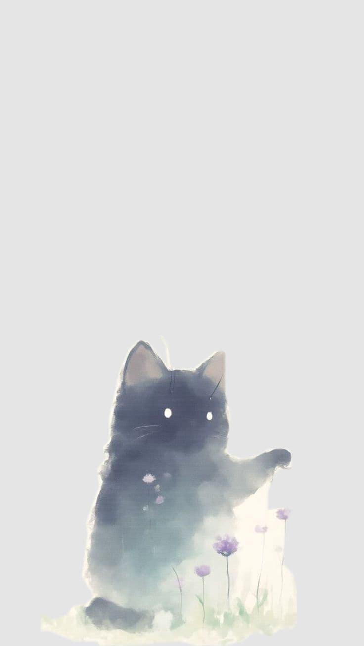 The image features a small, dark-furred cat sitting upright in a gentle, watercolor-style illustration. The cat has large, luminous white eyes and is depicted in a soft, dreamlike pose with one paw raised as if reaching for something. Delicate purple flowers and green grass emerge from the bottom of the frame, blending into a misty, ethereal background. The overall composition is minimalist and serene, emphasizing the cat's innocent expression and the tranquil atmosphere. The art employs translucent washes and subtle blending, creating a soft, painterly texture that evokes calmness and gentle wonder.