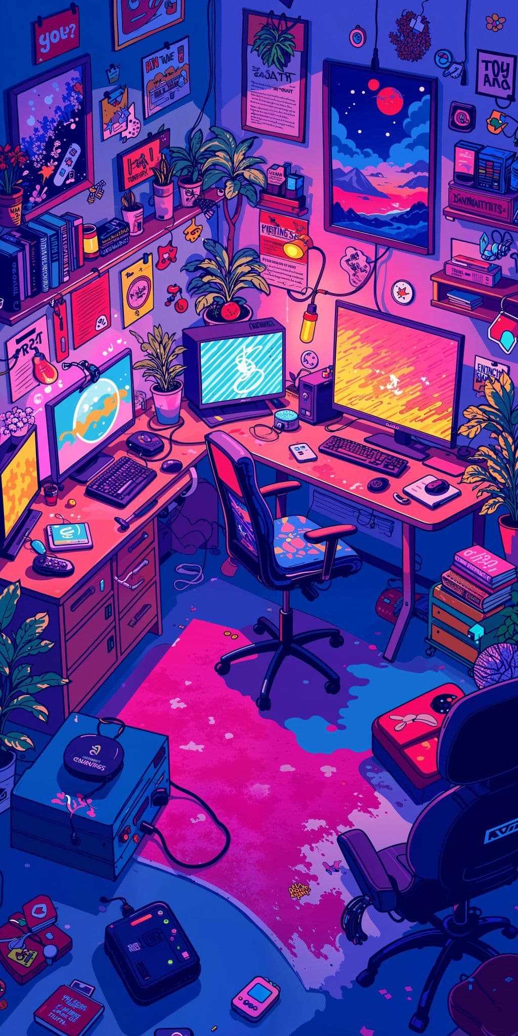 The image depicts a vibrant, cluttered digital artist's or gamer's studio filled with multiple monitors, gaming consoles, and decorative posters. The room is bathed in saturated neon hues of magenta, cyan, and orange, creating a dynamic, cyberpunk-inspired atmosphere. Potted plants and shelves with books and gadgets add to the lived-in, creative ambiance. The composition is a wide-angle interior shot, showcasing the chaotic yet cozy organization of the space. The lighting is artificial and stylized, emanating from screens and lamps, casting colorful reflections on the floor. The overall mood is energetic and immersive, evoking a sense of creative passion and digital immersion.