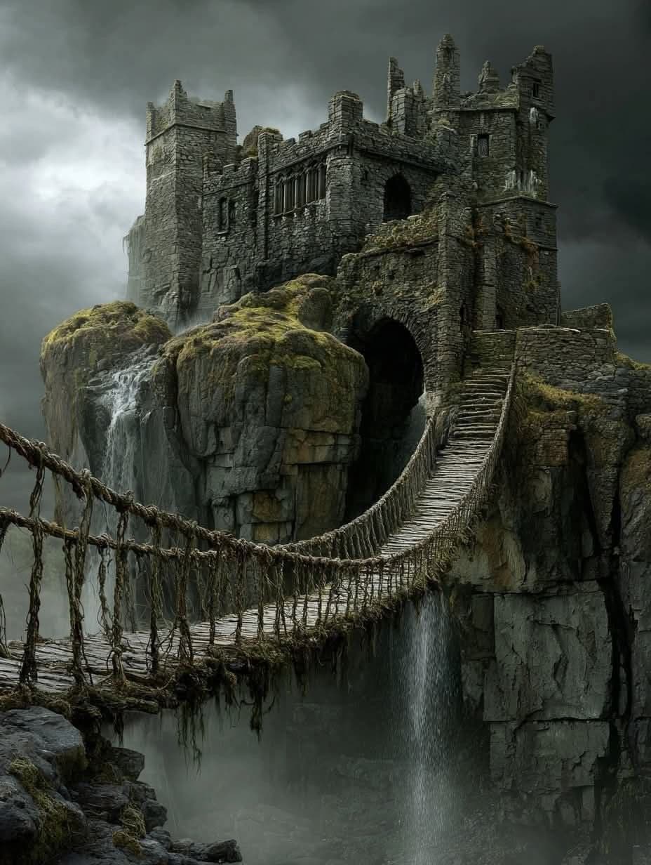 The image depicts a weathered, imposing stone castle perched atop a moss-covered cliff, with a narrow, rope-suspended bridge leading to its arched entrance. The castle features multiple towers, battlements, and a dark, cavernous archway, suggesting ancient, forgotten grandeur. A waterfall cascades down the cliff face, adding a dynamic element to the otherwise still, moody landscape. The scene is rendered with dramatic, atmospheric lighting under a heavy, stormy sky, creating a sense of isolation and mystery. The overall composition emphasizes scale and decay, evoking a melancholic, epic tone through its detailed textures and moody color palette.