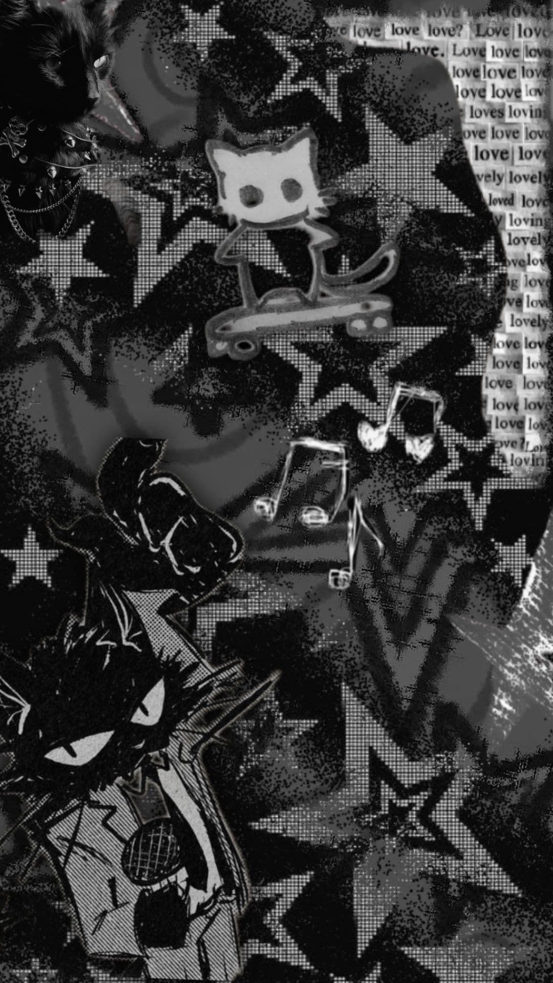 This black-and-white collage features stylized cartoon cats in various poses and expressions, with one central character riding a skateboard and another holding a microphone. The composition is layered with repeating star motifs and fragmented text, creating a dynamic, collage-like aesthetic. The art employs a gritty, pixelated texture overlay, suggesting a digital or mixed-media origin. The overall mood is energetic and playful, with a rebellious or edgy tone conveyed through the characters' exaggerated features and chaotic arrangement. The monochromatic palette enhances the graphic, urban feel, while the sharp linework and high contrast emphasize the illustrative nature of the piece.