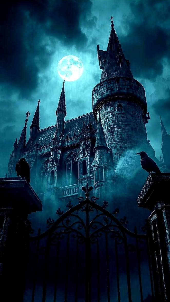 The image presents a towering, gothic-style castle under a dramatic, cloudy night sky illuminated by a large, glowing full moon. The architecture features multiple spires, arched windows, and stone towers, with mist partially obscuring its base. In the foreground, an ornate wrought-iron gate is visible, flanked by two dark, silhouetted crows perched on stone pillars. The composition emphasizes verticality and mystery, with the castle dominating the frame. The artwork employs a moody, atmospheric palette dominated by deep blues and purples, creating a sense of isolation and ancient grandeur. The lighting is primarily from the moon, casting soft shadows and enhancing the castle’s imposing silhouette against the turbulent sky.