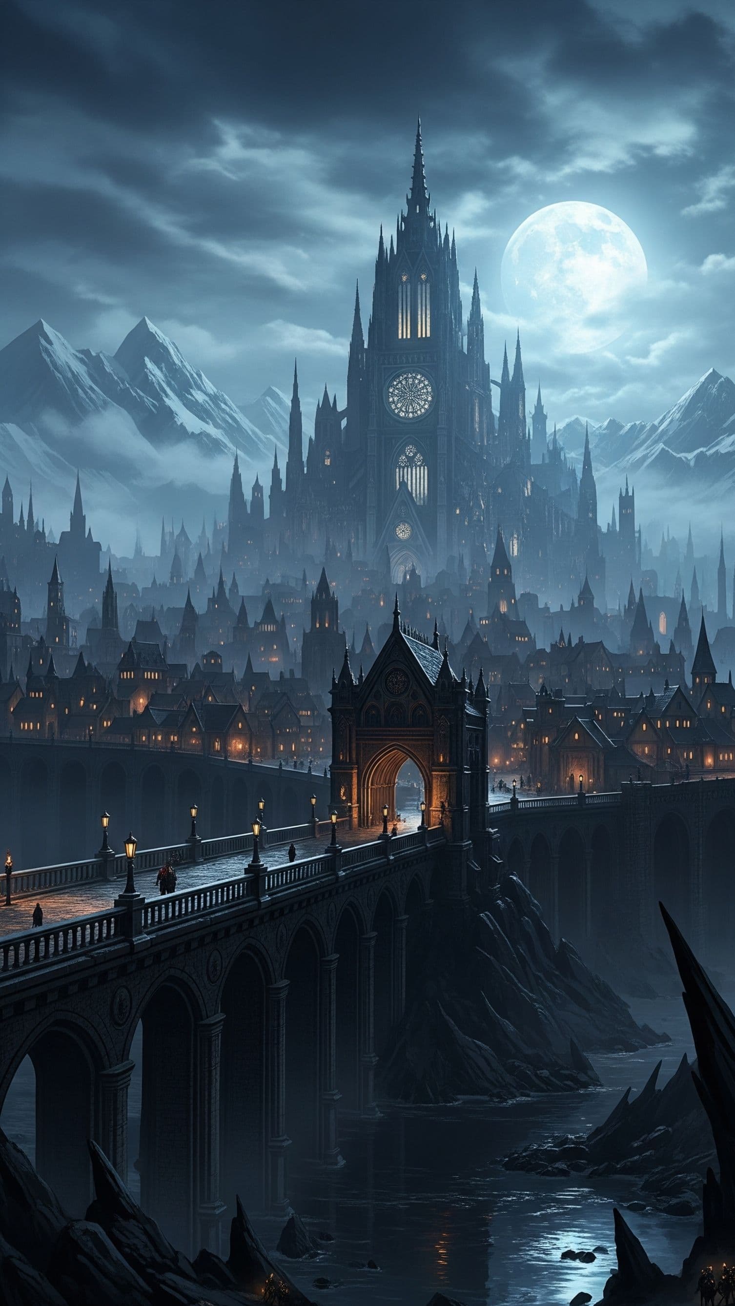 The image portrays a grand, gothic-style cityscape under a dramatic, cloudy night sky illuminated by a large, luminous moon. A massive, spired cathedral dominates the skyline with its illuminated clock tower and intricate architecture, surrounded by smaller buildings with warm, glowing windows. In the foreground, a long stone bridge arches over a dark, reflective river, with silhouetted figures walking along its path, adding scale and narrative depth. The scene employs atmospheric perspective, with misty layers between the bridge and distant mountains, enhancing the sense of depth and scale. The overall mood is mysterious and serene, evoking a sense of timeless grandeur and quiet awe through its moody lighting and detailed architectural rendering.