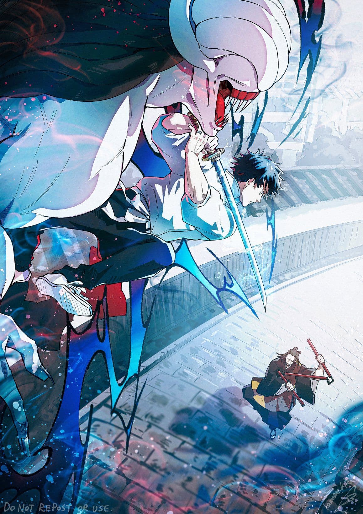 This dynamic illustration features Yuta Okkotsu from Jujutsu Kaisen 0, accompanied by the monstrous Cursed Spirit Rika Orimoto, as they engage in a high-stakes battle against Suguru Geto. Yuta is depicted in mid-air, wearing his signature white high-collar jujutsu uniform and dark trousers, gripping a katana with intense focus. Rika looms over him as a massive, white, skeletal entity with sharp teeth and flowing dark energy, emphasizing their symbiotic bond. Below them, Geto stands on a stone-paved path wearing traditional monk-like robes, wielding the Playful Cloud cursed tool in a defensive stance. The artwork utilizes a dramatic high-angle perspective and sharp, energetic line work to convey a sense of rapid movement and power. The atmosphere is tense and epic, highlighted by a bright, overexposed lighting effect that suggests a climactic confrontation under a clear sky.