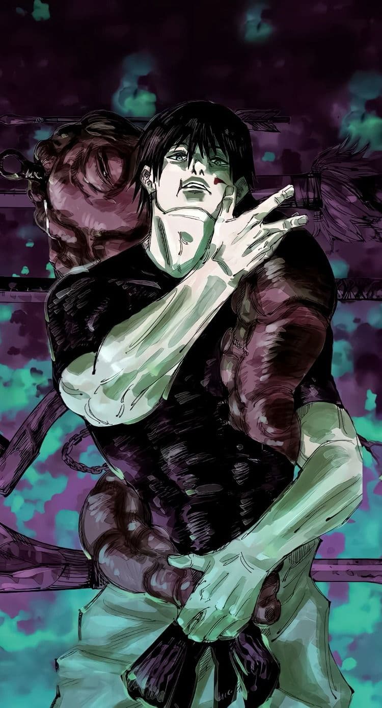 The image features Toji Fushiguro from Jujutsu Kaisen, depicted with a muscular build and a confident, slightly menacing expression. He is wearing a tight-fitting black short-sleeved shirt and light-colored trousers, with a large, fleshy cursed spirit wrapped around his torso and shoulders. The character is posed dynamically, with one hand raised near his face and the other gripping the tail of the cursed entity. The background is a dark, abstract space filled with purple and teal smoke-like effects, suggesting a supernatural or combat environment. The art style utilizes heavy, sketchy line work and a painterly shading technique that emphasizes the grit and intensity of the scene. The overall atmosphere is dark, powerful, and tense, reflecting the character's role as a formidable combatant.