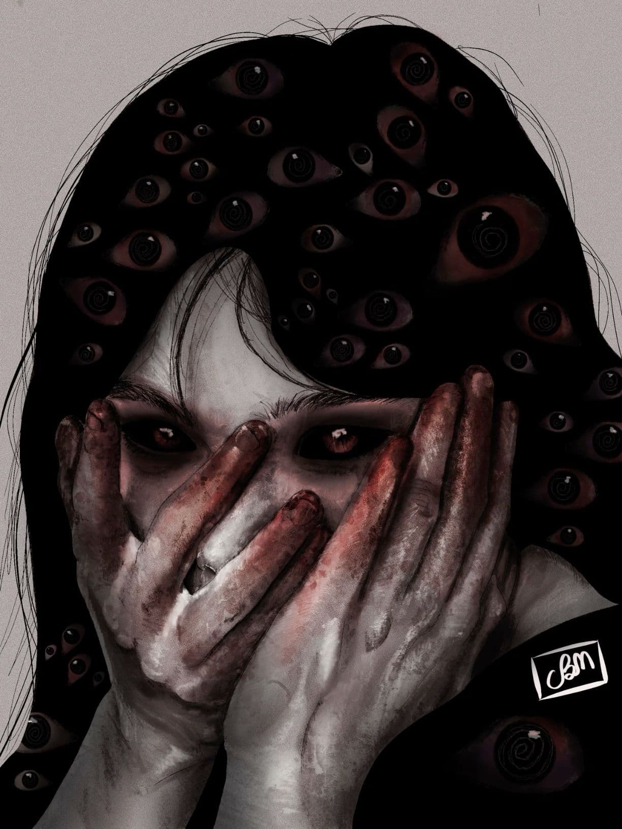 The image portrays a female character with long, dark hair densely populated with numerous eyes of varying sizes and expressions, creating a surreal, unsettling visual effect. Her hands, stained with red, cover her mouth and lower face, conveying a sense of horror or shock, while her eyes, visible through the fingers, stare directly at the viewer with intense, crimson irises. The artwork employs a highly detailed, painterly style with dramatic chiaroscuro lighting that emphasizes texture and depth, particularly on the hands and facial features. The overall atmosphere is eerie and psychological, evoking themes of paranoia, dread, and the uncanny, with a muted, desaturated color palette dominated by blacks, grays, and deep reds. The composition is a close-up portrait, focusing on the character’s expression and the disturbing proliferation of eyes, enhancing the emotional intensity of the piece.