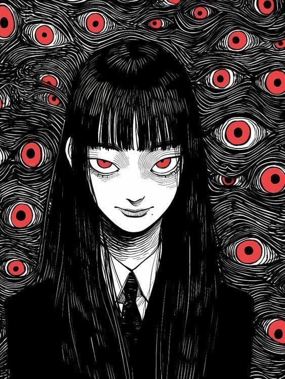 The central figure is a young female character with long black hair and bangs, wearing a formal school uniform consisting of a dark blazer, white collared shirt, and dark tie. Her face is rendered with sharp, precise linework, featuring pale skin, red eyes, and a subtle, unsettling smile. Behind her, an intricate, repeating pattern of stylized red eyes embedded in swirling black lines creates a hypnotic, surreal background. The composition is a medium close-up, focusing on her face and upper torso, with the background filling the frame. The artwork employs high-contrast black-and-white linework with minimal shading, emphasizing graphic detail and psychological tension. The overall mood is eerie and contemplative, evoking a sense of psychological depth and unease through the juxtaposition of innocence and horror.