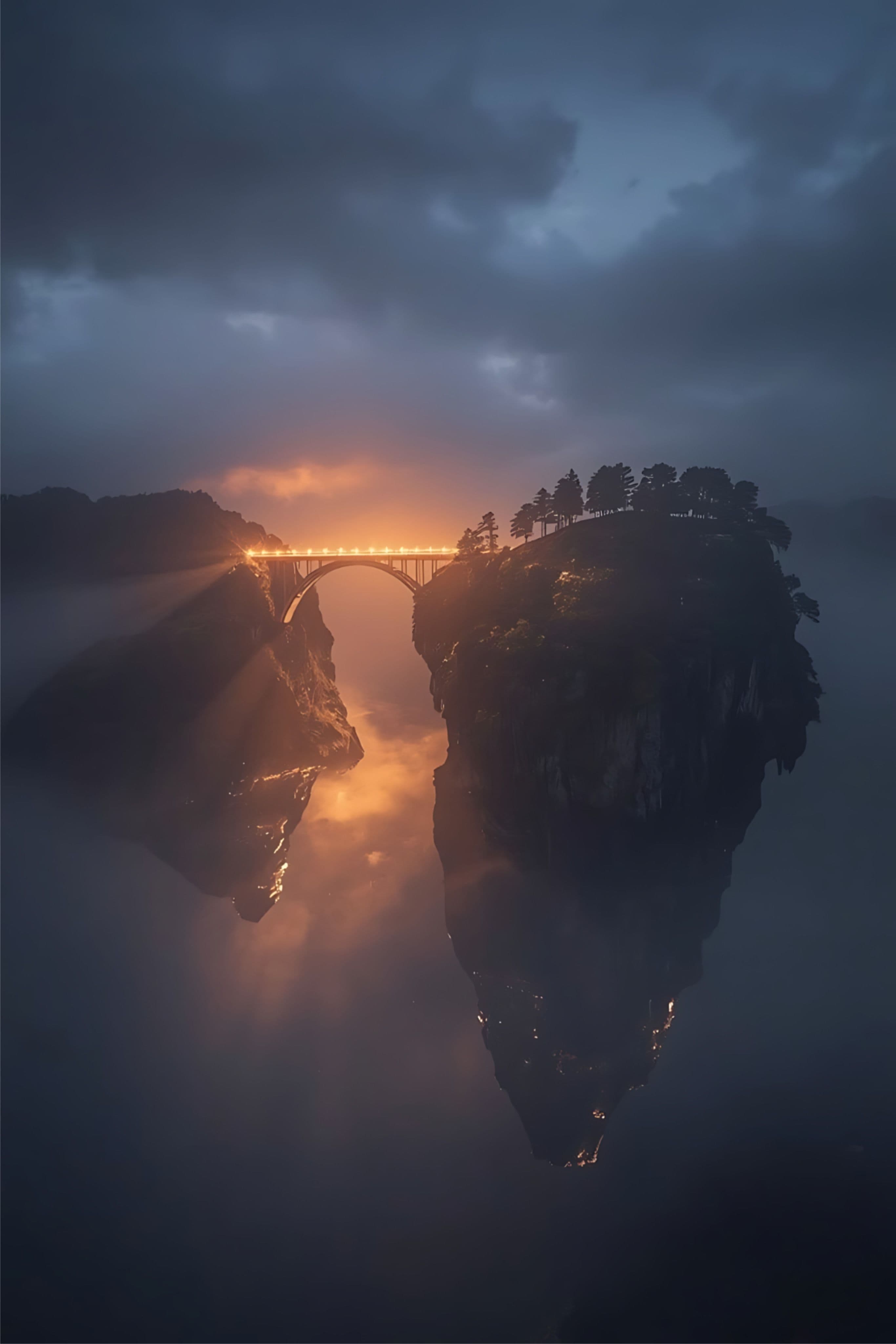 This image depicts a surreal, dreamlike landscape featuring two massive, mist-shrouded floating islands connected by a glowing, illuminated arch bridge. The bridge emits a warm, golden light that contrasts with the cool, dusky blue tones of the surrounding sky and fog. The islands are densely forested with dark silhouettes of trees, and the lower island reflects its form in the misty water below, creating a symmetrical, mirror-like effect. The lighting suggests either dawn or dusk, with rays of golden light piercing through the clouds and fog, adding a sense of mystery and grandeur. The composition is balanced and atmospheric, evoking a tranquil yet awe-inspiring mood through its scale and ethereal quality.