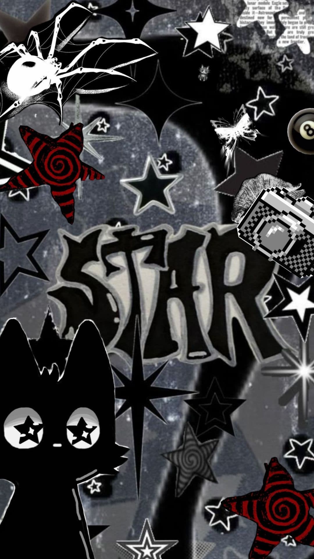 This image is a high-energy, stylized collage featuring a black cat with star-shaped eyes as the central figure, surrounded by an array of abstract and pop-culture-inspired elements. Prominent visual motifs include black and white stars, red spiral stars, a pixelated boombox, and a stylized 'STAR' text in graffiti font. The composition is layered with graphic elements like a spider, a 8-ball, and various star shapes, creating a chaotic yet cohesive visual rhythm. The overall aesthetic is a fusion of punk, retro, and digital art styles, rendered in a monochromatic palette with selective red accents. The mood is playful and edgy, evoking a sense of youthful rebellion and cosmic whimsy through its dynamic arrangement and bold typography.