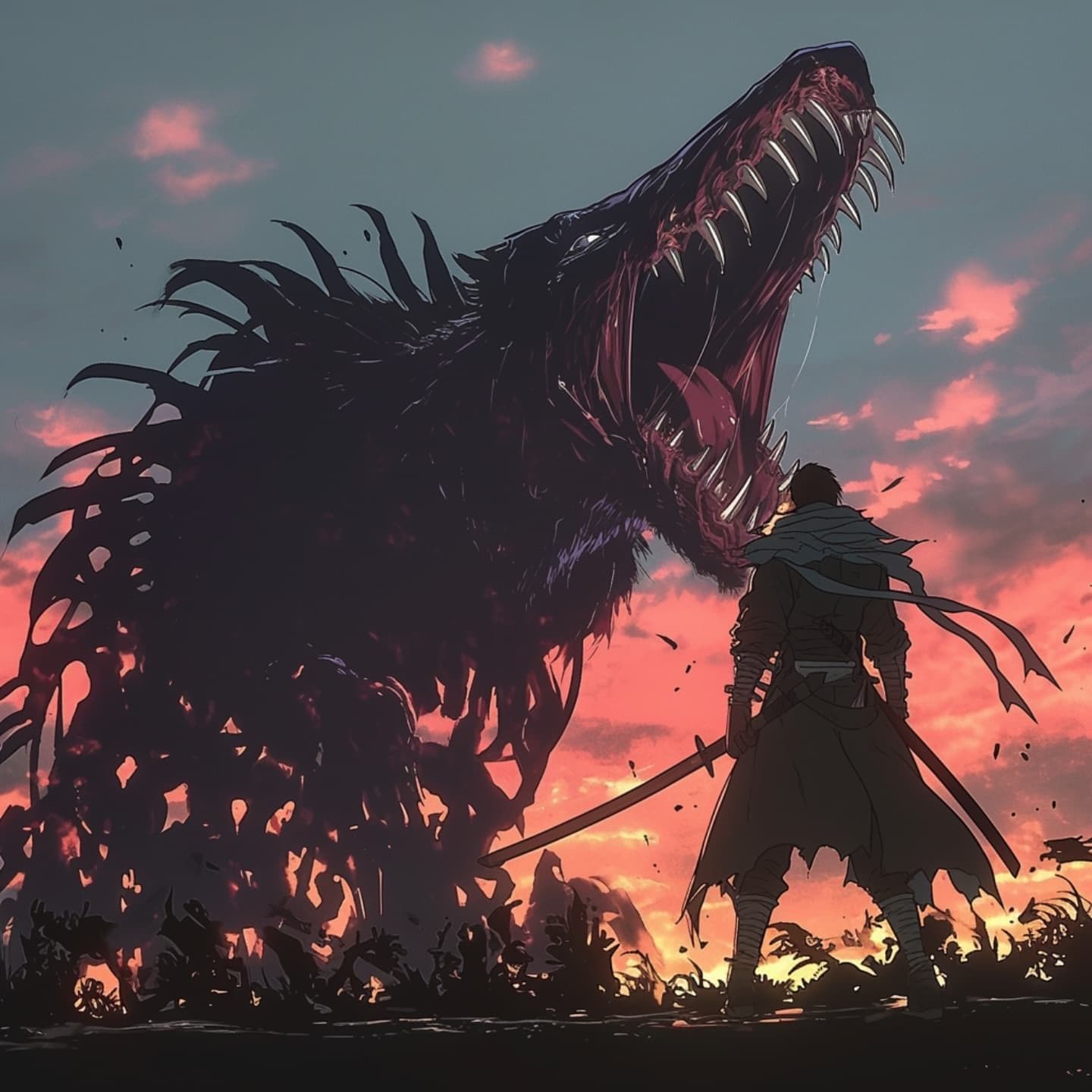 The image depicts a lone warrior in full armor and a flowing cloak, standing defiantly with a sword drawn, facing a colossal, monstrous beast with a gaping maw filled with sharp teeth. The warrior's posture conveys readiness and courage, while the beast looms large, its dark, spiky form contrasting with the fiery sunset behind them. The setting is an open, desolate field under a dramatic sky with streaks of orange and purple, suggesting either dawn or dusk. The artwork employs cel-shaded rendering with sharp linework and atmospheric depth, emphasizing the epic scale of the confrontation. The overall mood is tense and heroic, evoking a sense of impending battle and the hero's resolve against overwhelming odds.