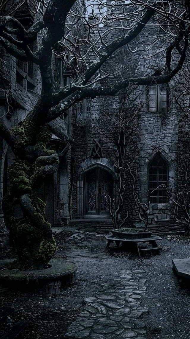 The image portrays a hauntingly atmospheric courtyard of an ancient, ivy-clad stone castle, dominated by a massive, gnarled tree with moss-covered roots and bare, twisting branches. A weathered stone path winds through the scene, leading toward a dark, arched doorway flanked by gothic windows and overgrown vines. The setting is enveloped in a gloomy, overcast ambiance, with muted grays and deep blues suggesting a misty, late afternoon or twilight. The composition emphasizes decay and mystery, with the tree acting as a central, organic anchor against the rigid architecture. The overall mood is somber, melancholic, and evocative of forgotten tales and hidden secrets, enhanced by the soft, diffused lighting and atmospheric depth.