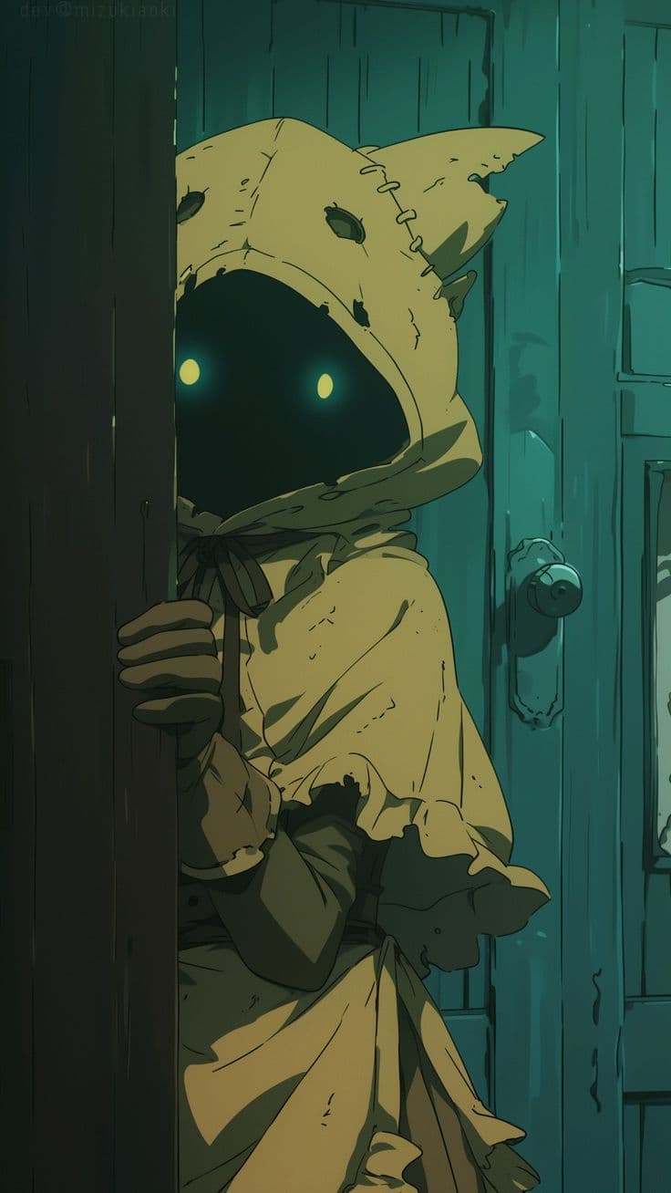 A mysterious, hooded figure with glowing yellow eyes peers cautiously from behind a dark wooden door, their face obscured by shadow and stitched fabric. The character wears a tattered, beige hooded garment with ruffled sleeves and a frayed hem, suggesting age or disrepair. Their hands grip the doorframe, conveying tension or curiosity. The scene is set against a weathered teal door with a round doorknob, under dim, atmospheric lighting that emphasizes the character's glowing eyes. The art employs cel-shaded rendering with sharp linework and cool color tones, creating a moody, suspenseful atmosphere. The overall tone is eerie yet intriguing, inviting viewers to wonder about the character's identity and intentions.
