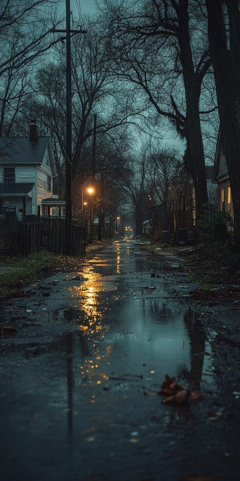 The image captures a quiet, atmospheric street scene at dusk, with wet pavement reflecting the warm glow of streetlights. Bare trees line both sides of the road, their silhouettes stark against a muted, overcast sky. Residential houses with visible porches and fences are nestled among the trees, their windows softly illuminated. The composition emphasizes depth, with the reflective puddles leading the eye down the narrow, empty street. The lighting is soft and diffused, creating a moody, contemplative ambiance with cool blues and warm yellows contrasting in the reflections. The overall tone is serene and slightly melancholic, evoking a sense of solitude and quiet beauty in an ordinary suburban setting.