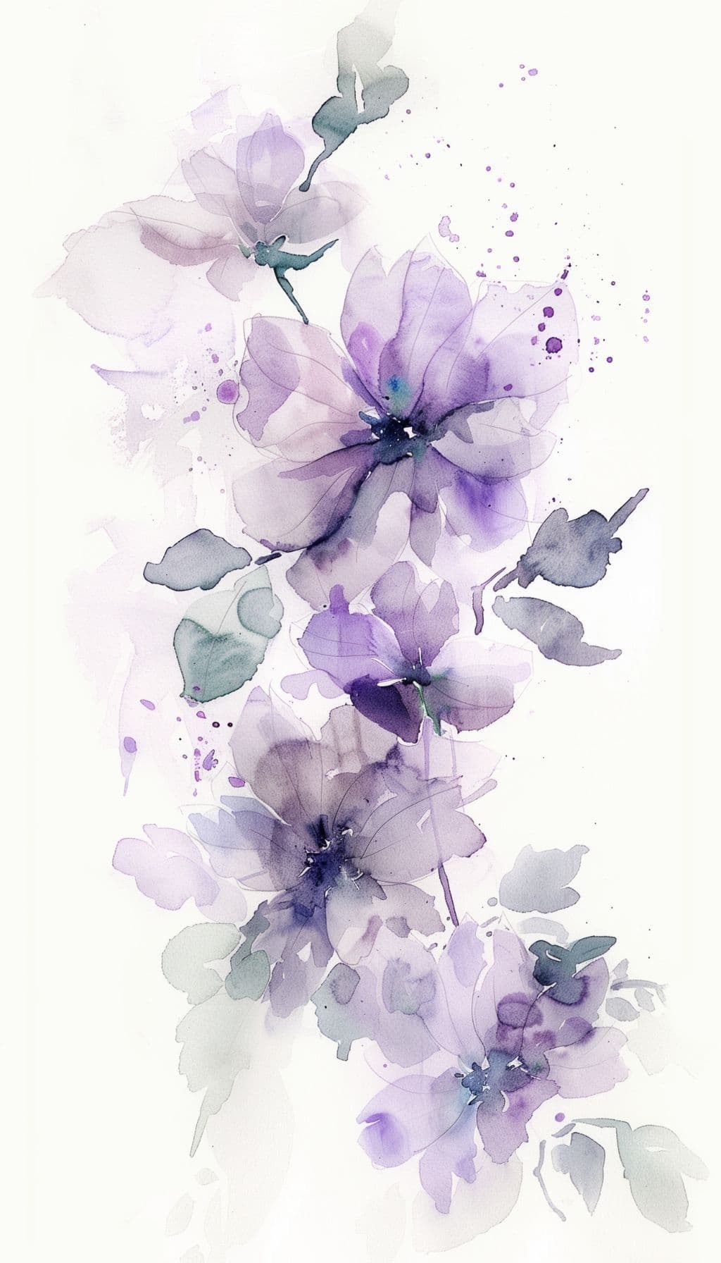 This image features a delicate watercolor composition of blooming purple flowers with soft, translucent petals and subtle green leaves, rendered with fluid brushstrokes and ink washes. The flowers are arranged vertically, creating a sense of organic growth against a clean, off-white background, with scattered ink splatters adding texture and movement. The artistic technique emphasizes translucency and layered washes, giving the petals a dreamy, ethereal quality. The overall mood is serene and tranquil, evoking a sense of quiet beauty and natural grace through its minimalist composition and gentle color transitions. The piece is devoid of any human or character elements, focusing purely on botanical form and emotional atmosphere.