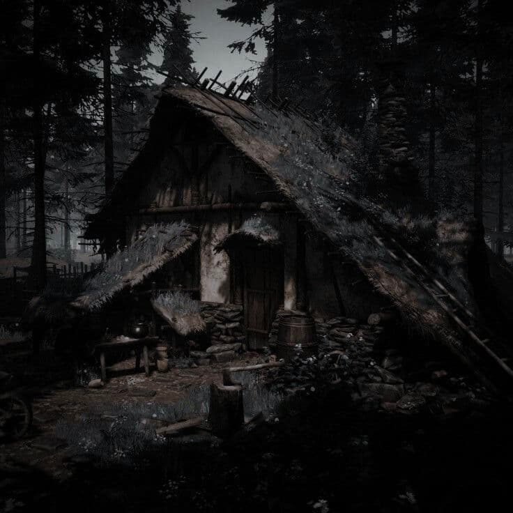The image depicts a weathered, rustic wooden cabin nestled deep within a dense, shadowy forest, with tall pine trees looming overhead and casting long, dark shadows. The cabin's roof is partially collapsed and covered in moss and thatch, suggesting age and neglect, while its wooden walls show signs of wear and peeling paint. A small wooden door, a barrel, and a chopping block are visible in the foreground, indicating a functional, lived-in space. The overall atmosphere is moody and atmospheric, with low light and muted tones evoking a sense of solitude and quiet mystery. The artistic style uses realistic textures and subtle lighting to create depth and a somber, almost cinematic mood.