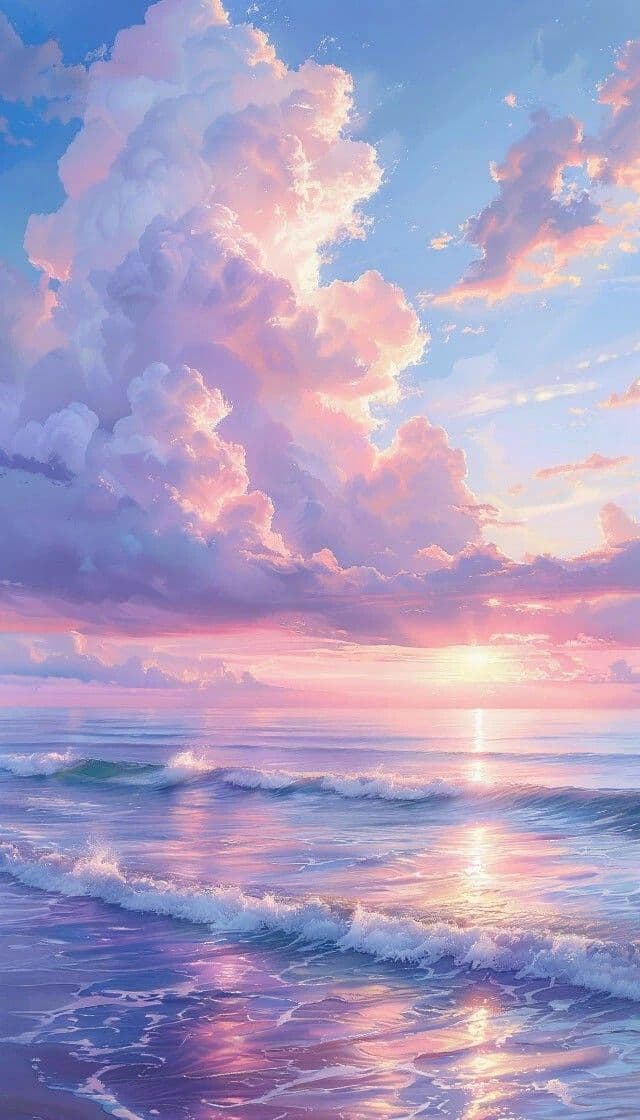 This image captures a serene coastal sunset with voluminous, softly illuminated clouds in hues of pink, lavender, and pale blue, casting a gentle glow over the ocean. Gentle waves break rhythmically at the shoreline, their white foam reflecting the warm, diffused light of the setting sun. The sky transitions from a vibrant horizon to a cooler, tranquil blue above, creating a harmonious gradient. The water’s surface mirrors the sky’s colors, enhancing the dreamlike, peaceful atmosphere. The composition emphasizes natural beauty and tranquility, with no human or animal presence, making it ideal for calming, meditative, or background use. The overall mood is tranquil and emotionally soothing, evoking a sense of peace and natural wonder.