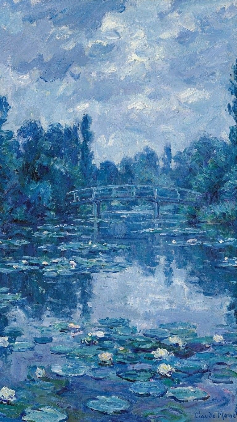 This image depicts a serene, impressionistic landscape featuring a tranquil pond filled with lily pads and white water lilies, with a delicate arched bridge spanning the water in the mid-ground. The background consists of lush, dark blue trees under a softly textured, cloudy sky, rendered with visible brushstrokes. The water reflects the sky and foliage, creating a harmonious, mirrored effect that enhances the peaceful atmosphere. The composition is balanced, with the bridge serving as a central focal point, and the overall mood is tranquil and contemplative, evoking a sense of natural beauty and calm. The painting's technique emphasizes color blending and texture, capturing the fleeting impression of light and water.