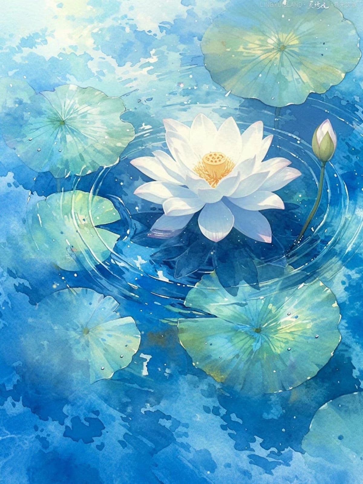 This serene watercolor composition centers on a fully bloomed white lotus flower with a golden center, floating gracefully on a tranquil blue pond. Surrounding the flower are several large, gently textured lily pads in varying shades of green and blue, with one unopened bud nearby, suggesting natural growth and cycles. The water's surface is rendered with subtle ripples and translucent reflections, capturing the lotus's delicate form and adding depth to the scene. The background features a soft, painterly gradient of blues and greens, evoking a peaceful, sunlit aquatic environment. The artwork employs fluid brushstrokes and blended washes to create a dreamy, meditative atmosphere that emphasizes tranquility and natural beauty.