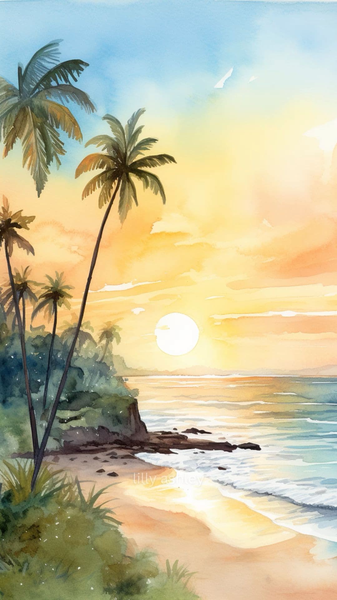 This watercolor painting depicts a tranquil tropical sunset over a calm ocean, with tall palm trees silhouetted against a warm, glowing sky. The sun, positioned low on the horizon, casts golden reflections across the gentle waves lapping at a sandy shore. Lush green foliage and rocky outcrops frame the left side of the composition, while the right reveals the expansive sea under a soft, cloud-dappled sky. The artwork employs smooth watercolor washes and visible brushstrokes to create a serene, painterly atmosphere, evoking a sense of peace and natural beauty. The overall mood is soothing and contemplative, enhanced by the harmonious blend of warm sunset tones and cool ocean hues.