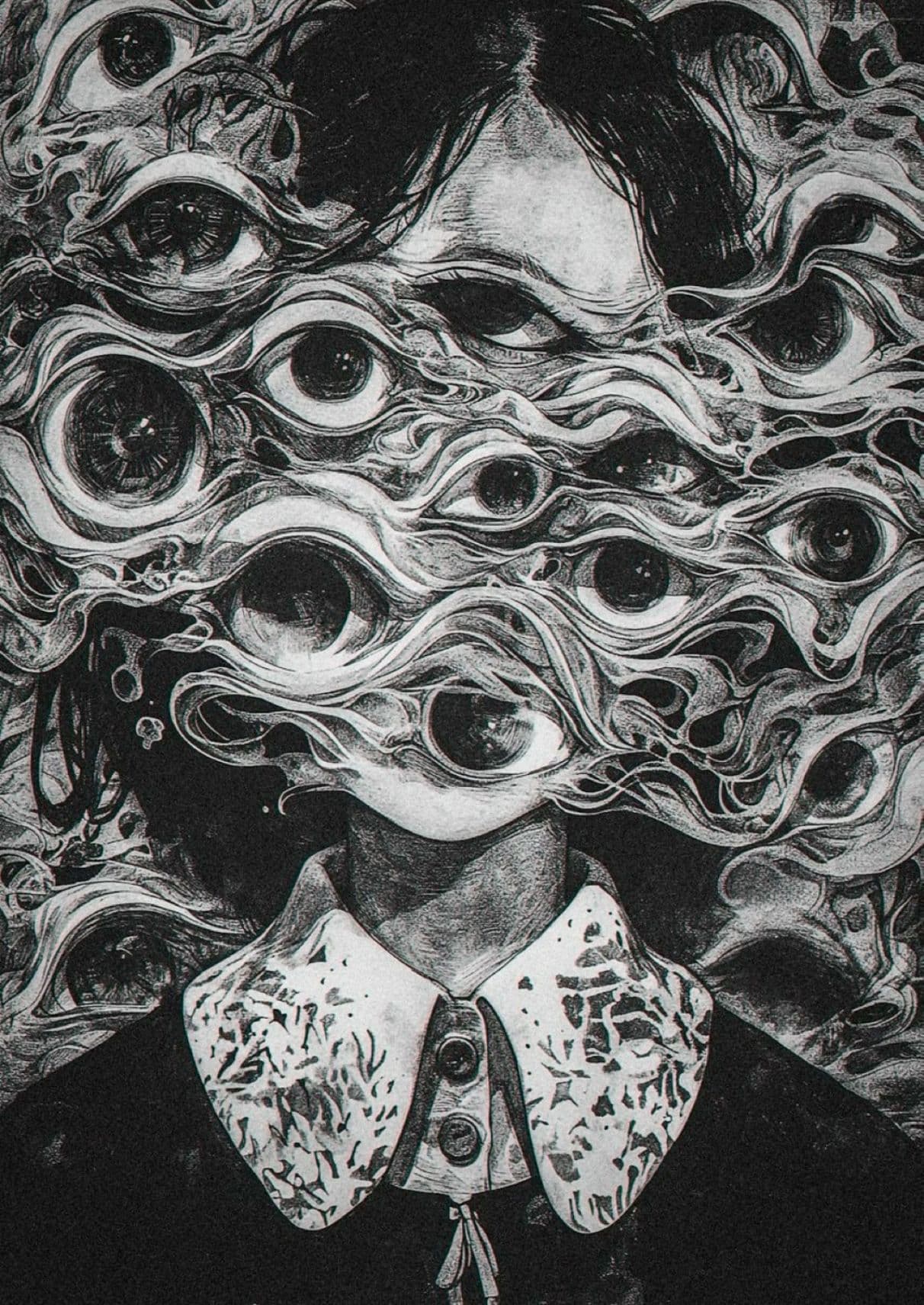 The image portrays a stylized human figure whose face is entirely obscured by a swirling, chaotic mass of eyes rendered in intricate, fluid line work. The figure wears a dark garment with a high, ornate collar featuring detailed, abstract patterns and two visible buttons, suggesting a formal or vintage aesthetic. The eyes appear to emerge from and merge with the figure’s form, creating a surreal, psychological atmosphere of perception and distortion. The artwork employs meticulous shading and cross-hatching techniques to convey depth and texture, emphasizing the contrast between the organic, flowing eyes and the structured collar. The overall mood is unsettling yet mesmerizing, evoking themes of identity, observation, and mental turmoil, rendered in a monochromatic, high-contrast palette.